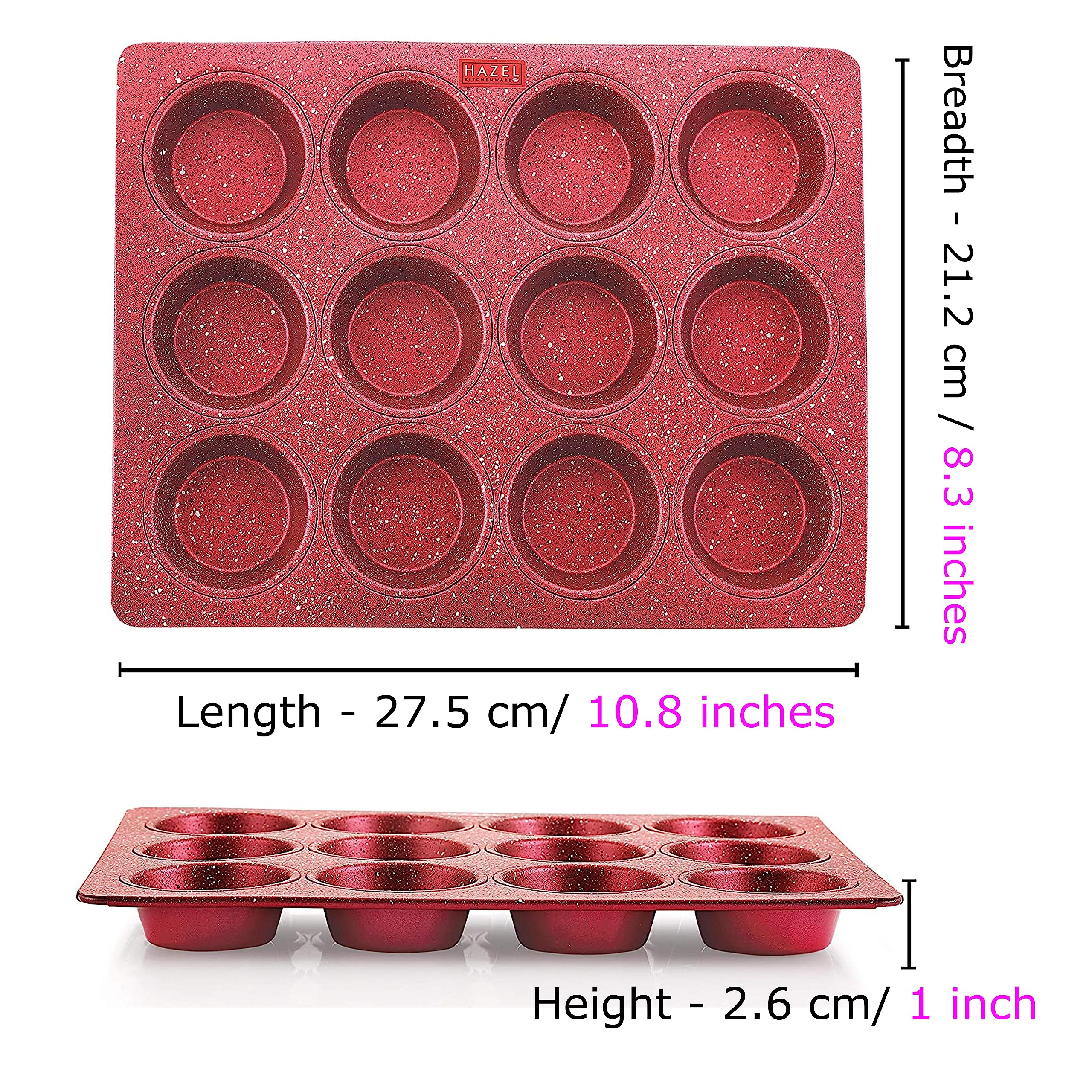 HAZEL Molde de aluminio para magdalenas, apto para microondas, 12 tazas, antiadherente, acabado de granito, bandeja para hornear chocolate, para casa y panadería, color rojo