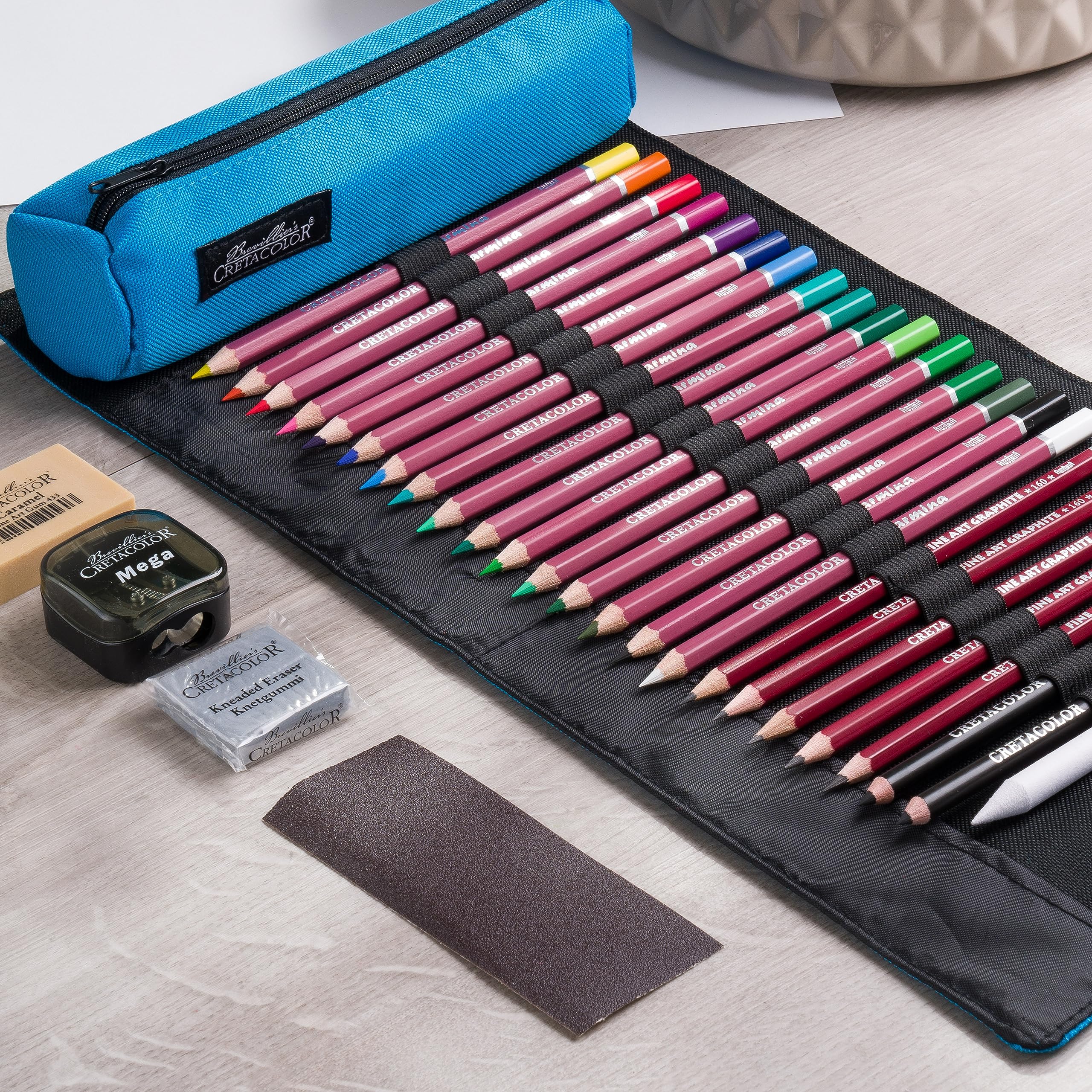 CRETACOLOR set d'artiste édition printemps, étui à rouleau bleu inclus, édition limitée, 29 pièces, divers articles d'artiste