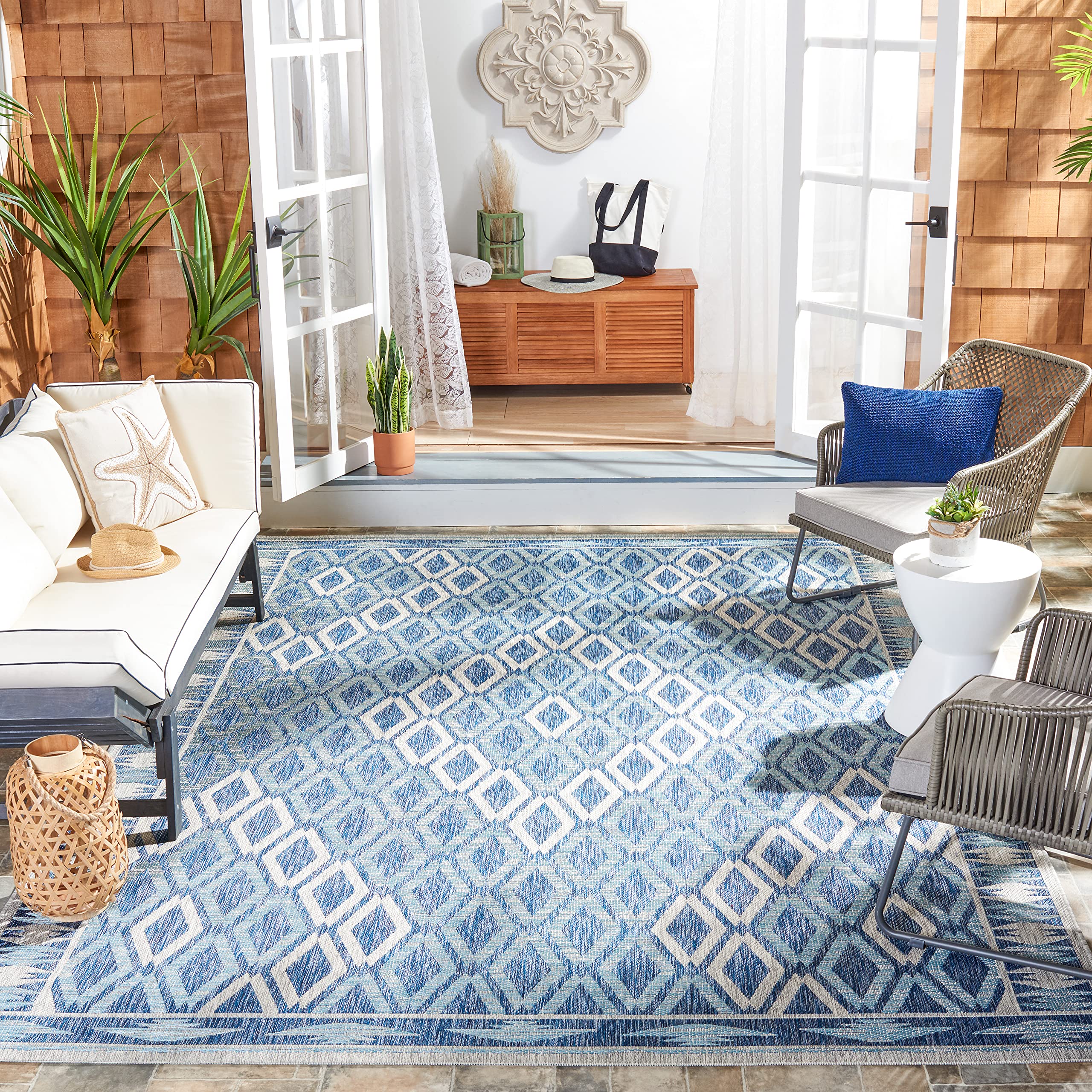 SAFAVIEH Washable Rug Outdoor Courtyard Collection - 6'7" Square, Navy & Grey, Non-Shedding & Easy Cleaning, Ideal for Patio, Backyard, Mudroom (