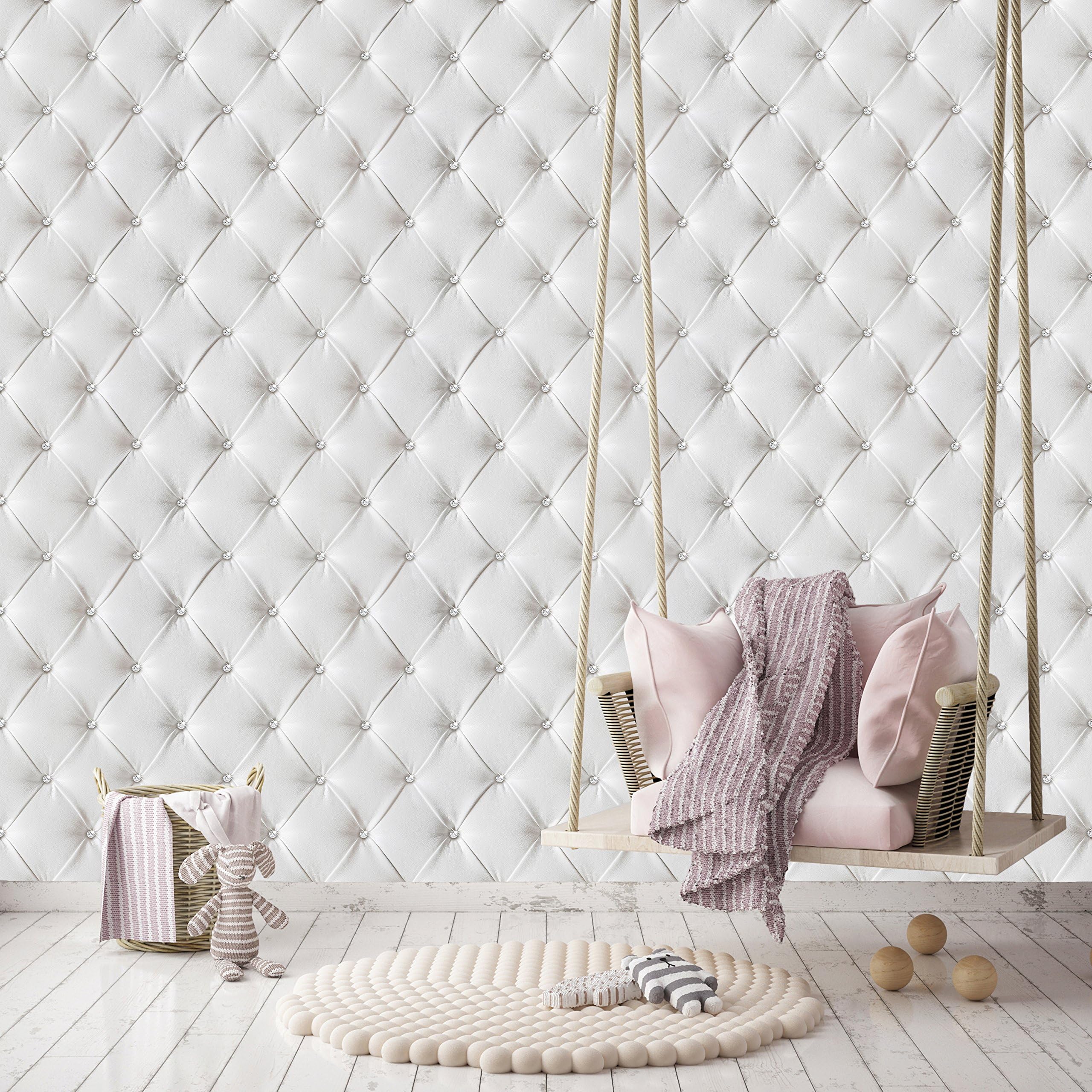 Photo Wallpaper White Leather 274 x 254 cm Including Paste Wall Mural optics 3D diamonds glitter quilted luxury bedroom