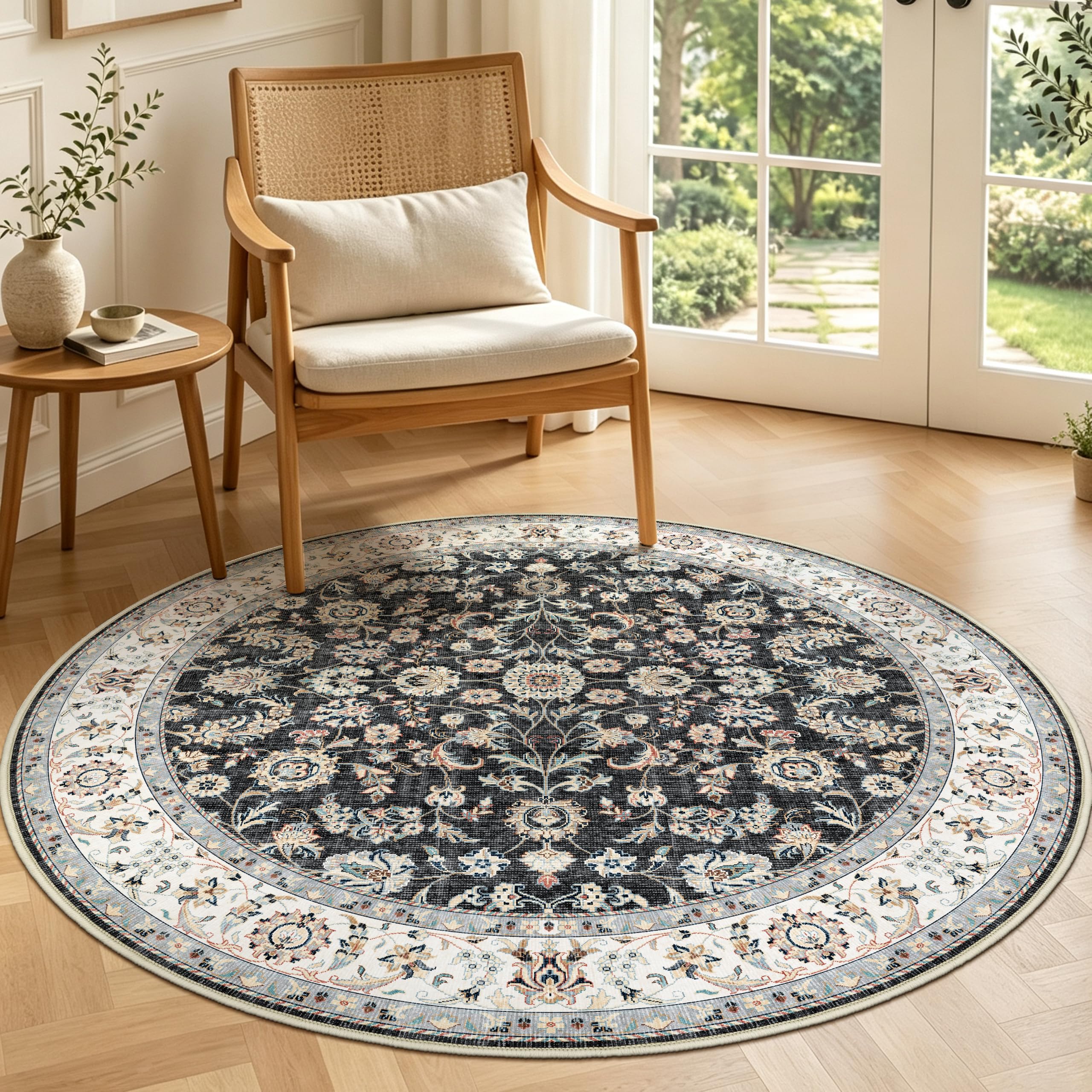 Capslapd Vintage Round Rugs Living Room Rug ø120 cm Beige Washable Carpet — image 1