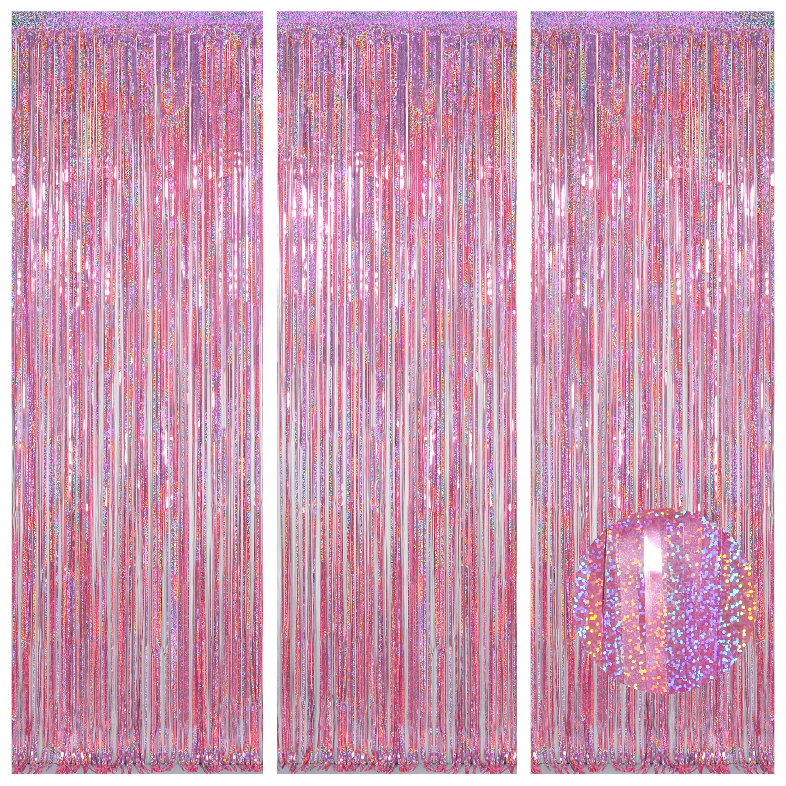 Melsan Foil Fringe Curtains Valentines Backdrop - 3 Pack 3.2 x 8.2 ft Pink Tinsel Curtain Girl Birthday Decorations Photo Backdrop for Party