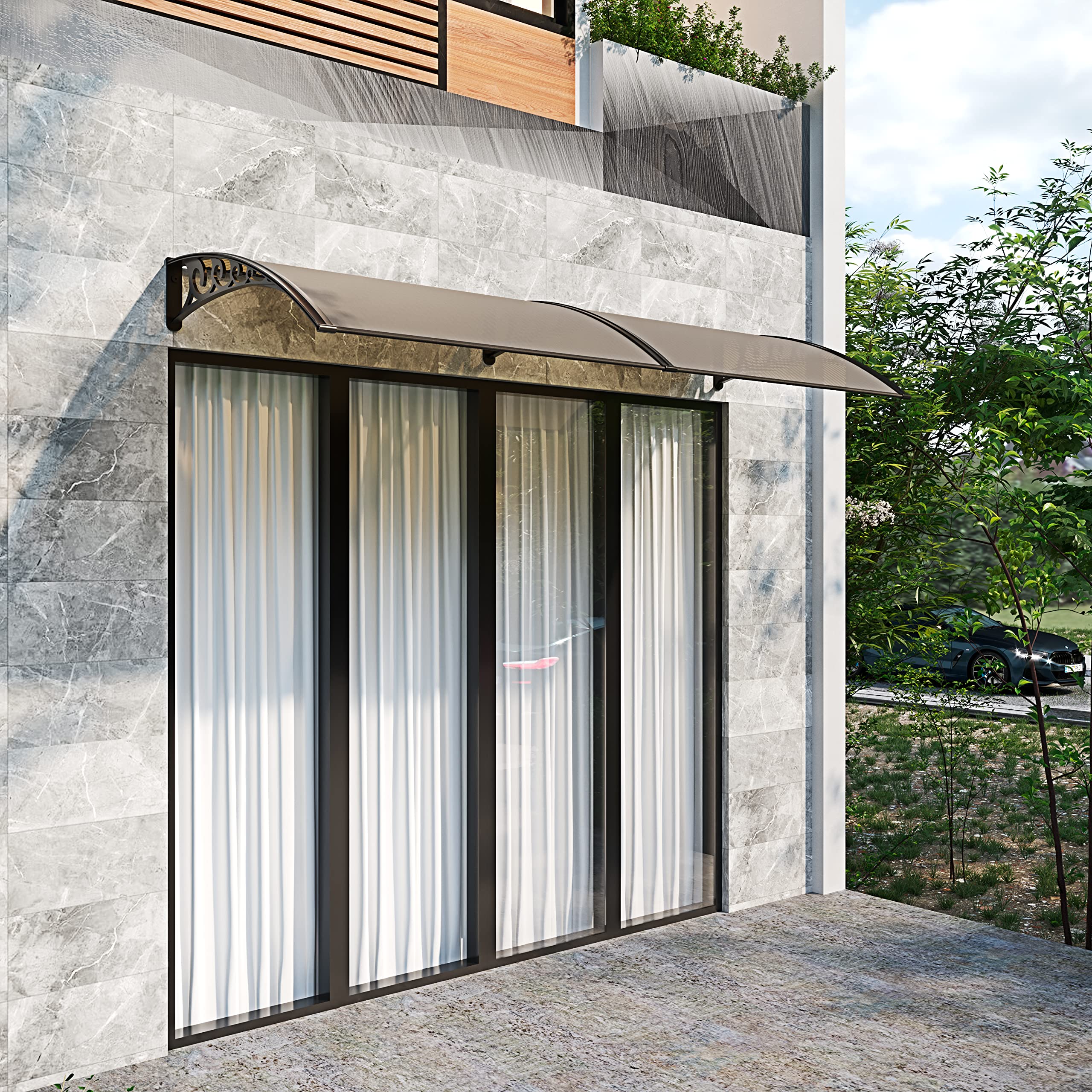 Pensilina Per Copertura In Policarbonato Alveolare Tettoia Modulabile Per Esterno Per Porte Balcone Finestre Elegante E Resistente, Colore Nero E Fumè (80 x 120 cm)