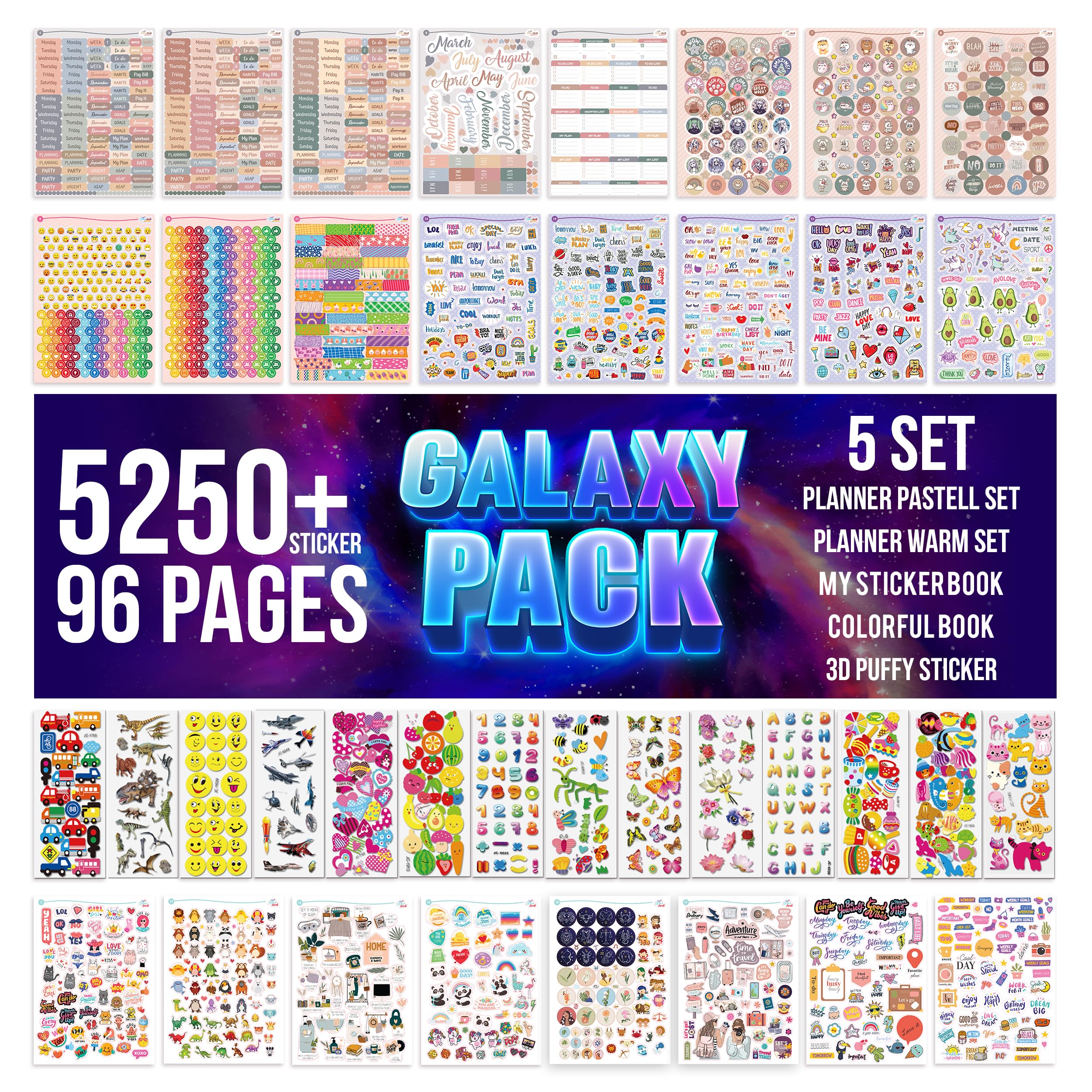 colortouch 3D Stickers, 5250+ Pcs. 96 Sheets 3D Puffy Stickers for Kids & Adults, Dinosaurs, Cars, Animals, Bullet Journal