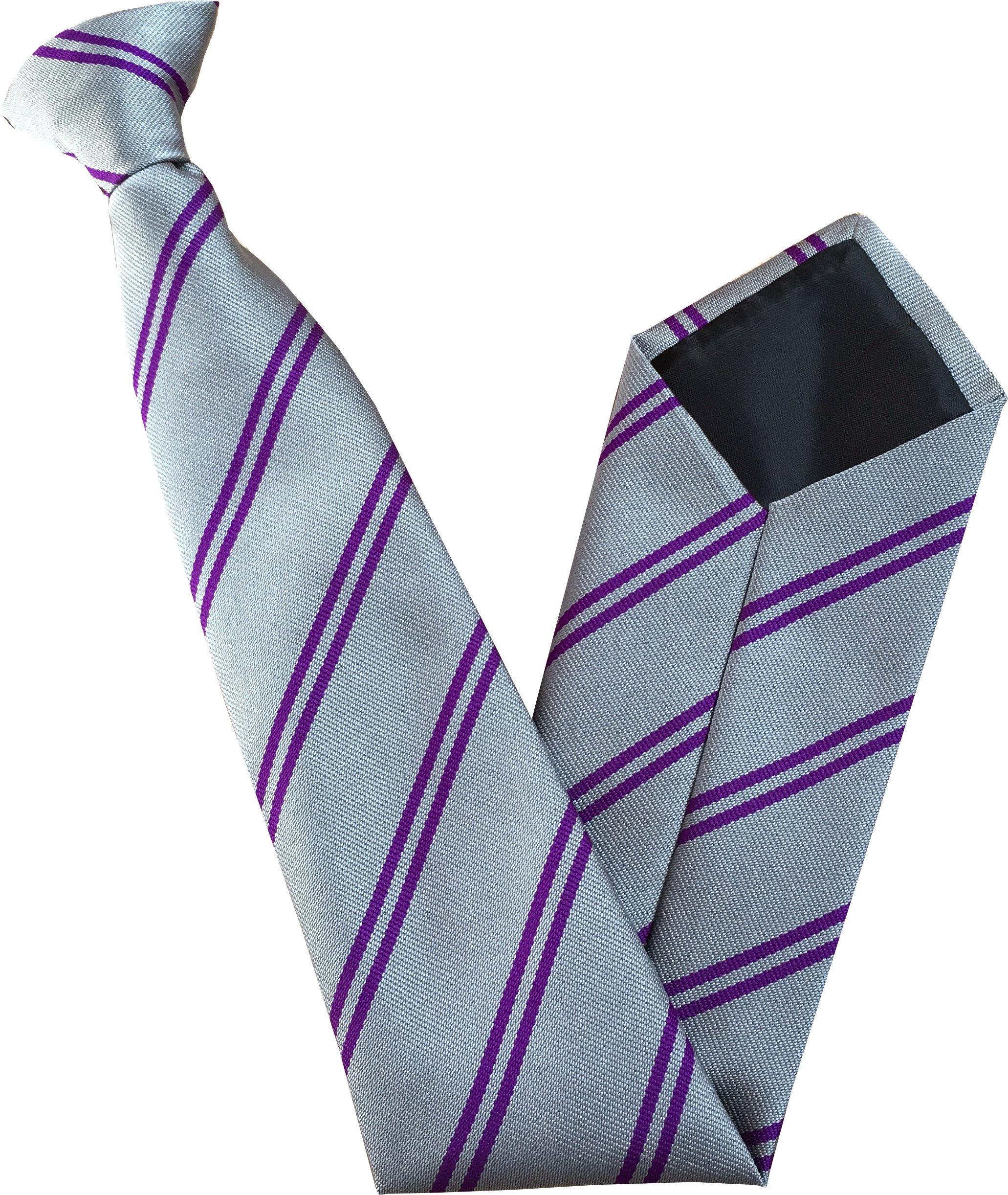 Men's Striped Clip On Tie (Grey with Double Purple Stripes)
