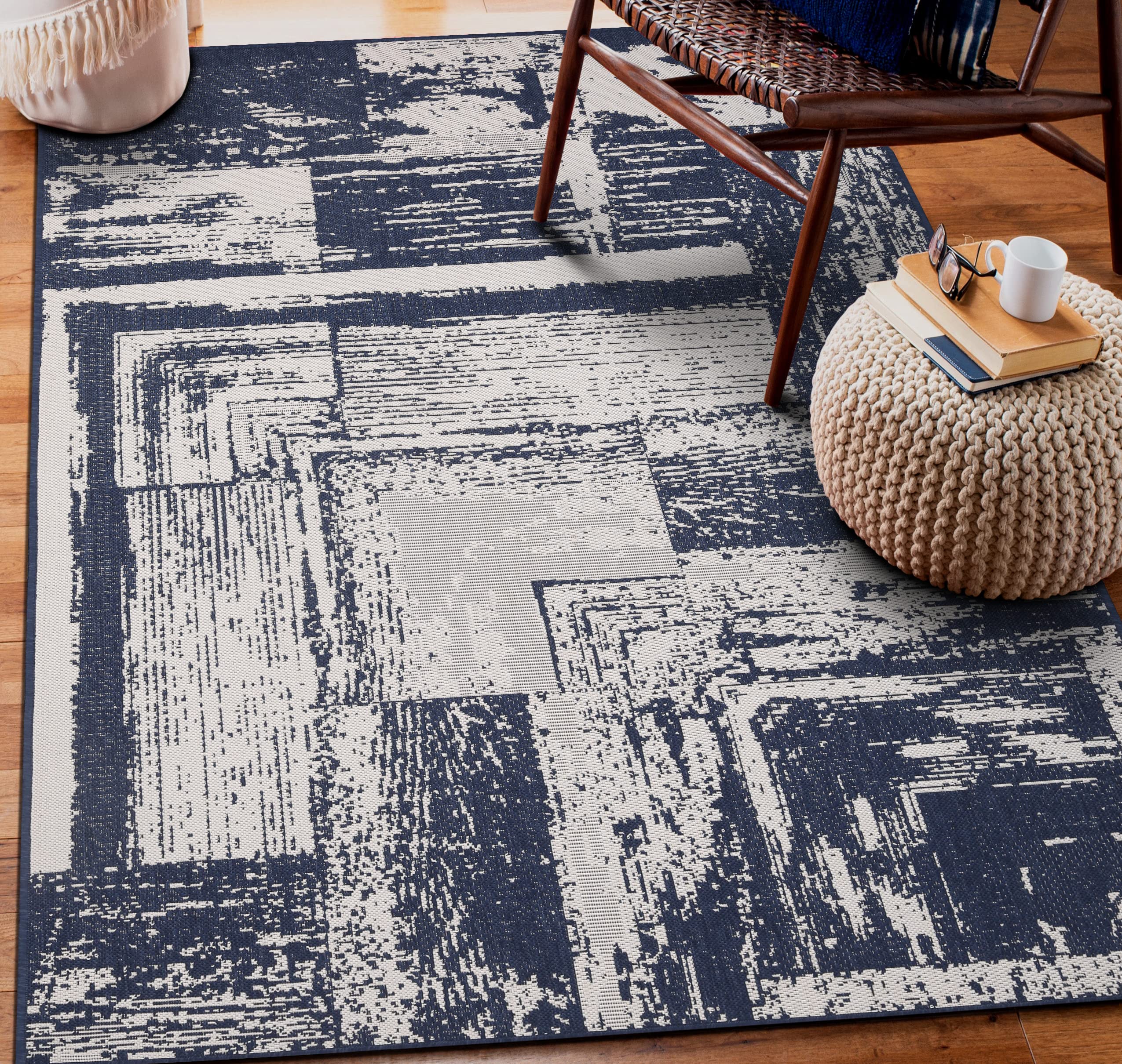 Sherloom Modern Abstract Indoor Outdoor Area Rug Weather Resistant Outdoor Carpet for Porch Deck Balcony Backyard Patio Rug 5x7 Grey, Blue