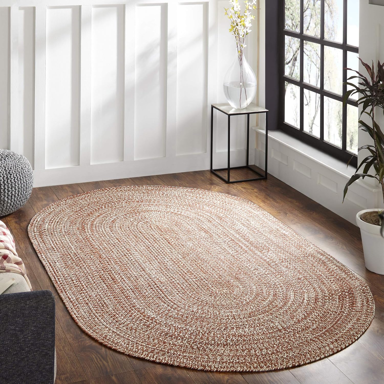 BNM Bohemian Indoor/Outdoor Oval Area Rug with Multihued Braided Pattern, Perfect for Backyard, Patio, Office, Living Room, Hardwood, Tile, or Carpet Cover, Floor Decor, 5' x 8', Canvas- White