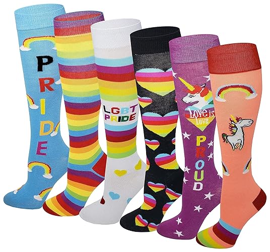 6 Pairs Women's Fancy Design Multi Colorful Patterned Knee High Socks - Lgbt Pride