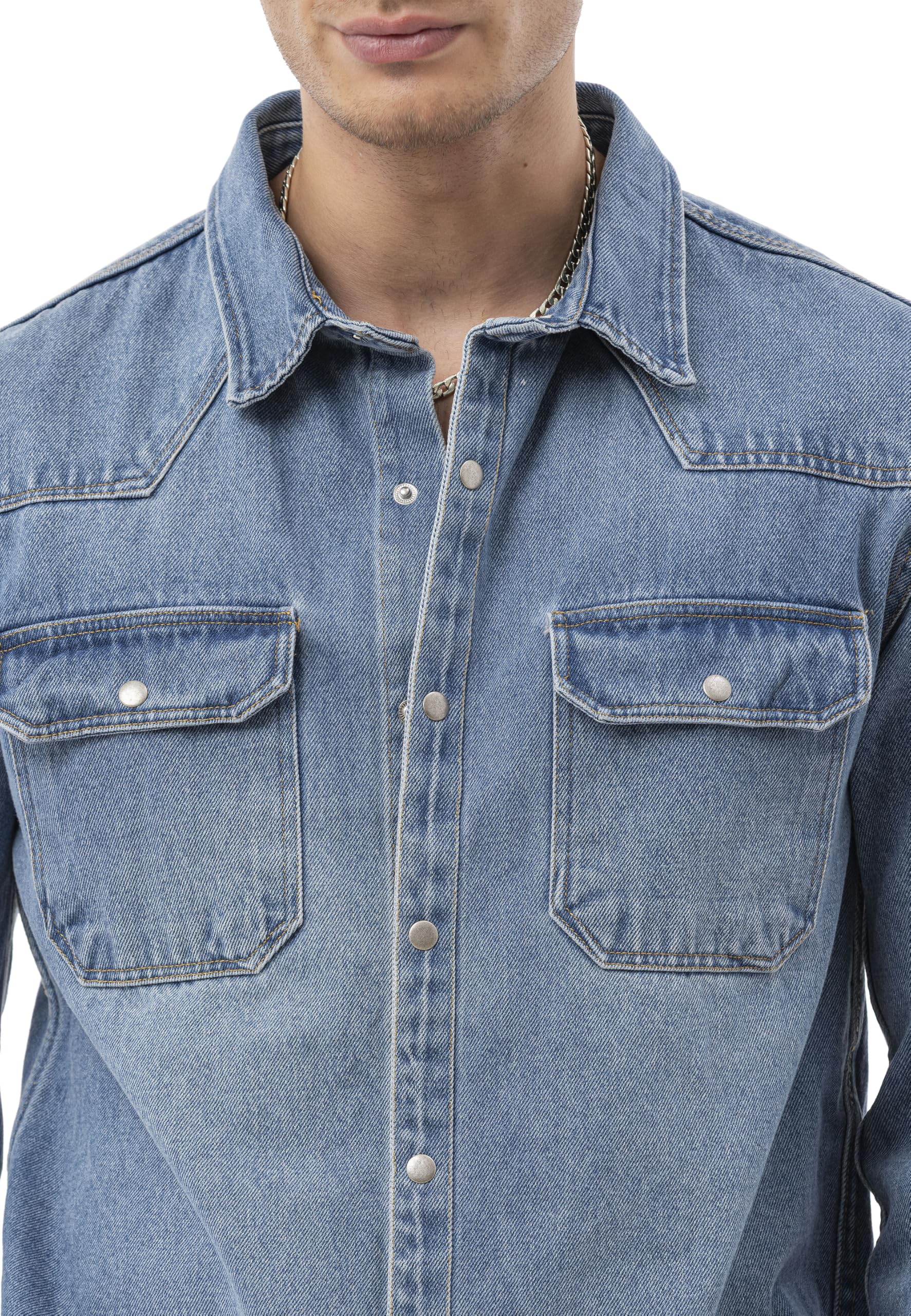 Redbridge by Spruce - Camicia in denim, con bottoni a pressione, oversize, con tasche sul petto, a maniche lunghe, vestibilità regolare