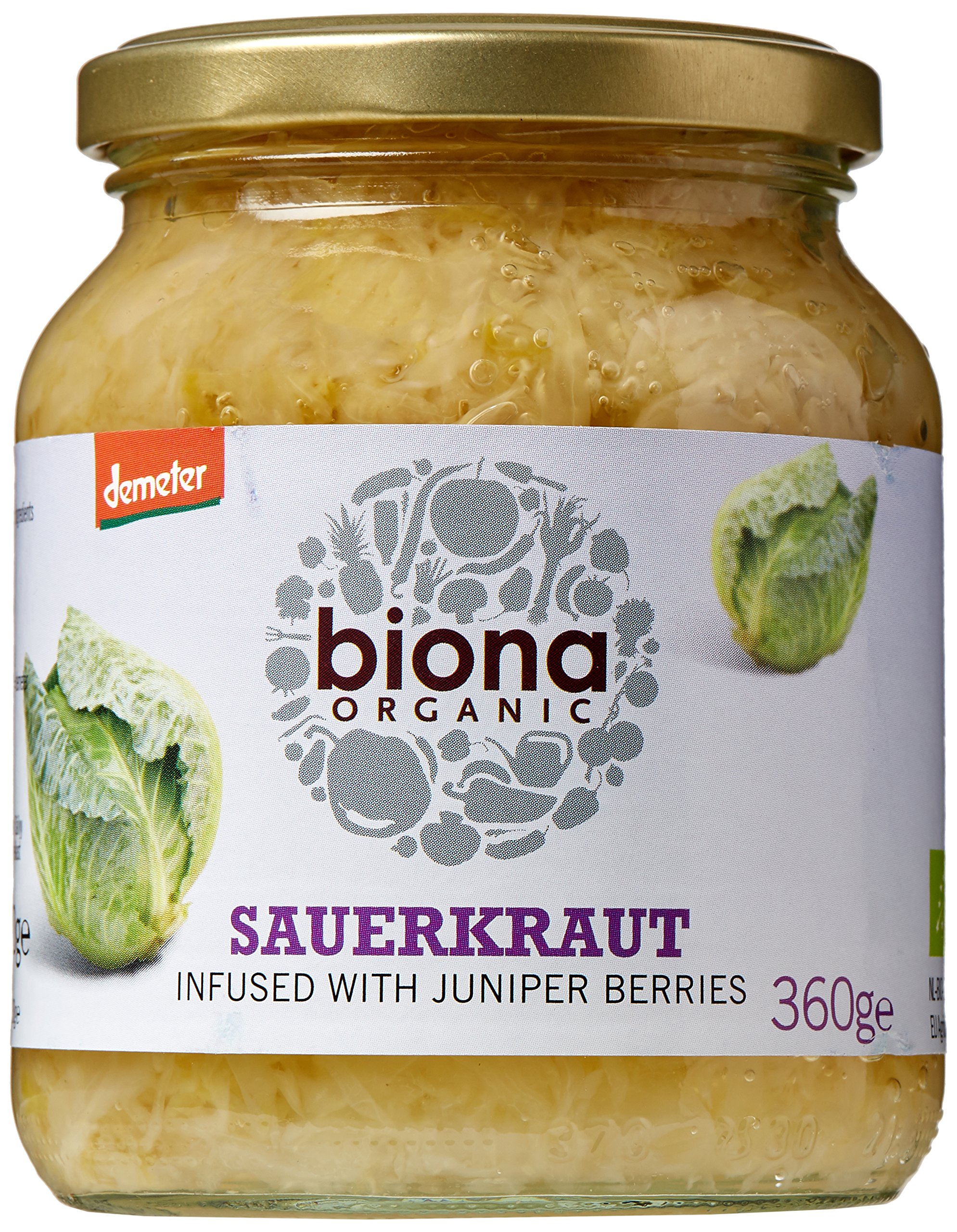 BionaOrganic Sauerkraut 350 g, Pack of 6 - Infused with Juniper Berries - Fresh, Naturally Fermented Organic White Cabbage - Pasteurised - High in Protein, Naturally Vegan - No AdditivesEU Organic