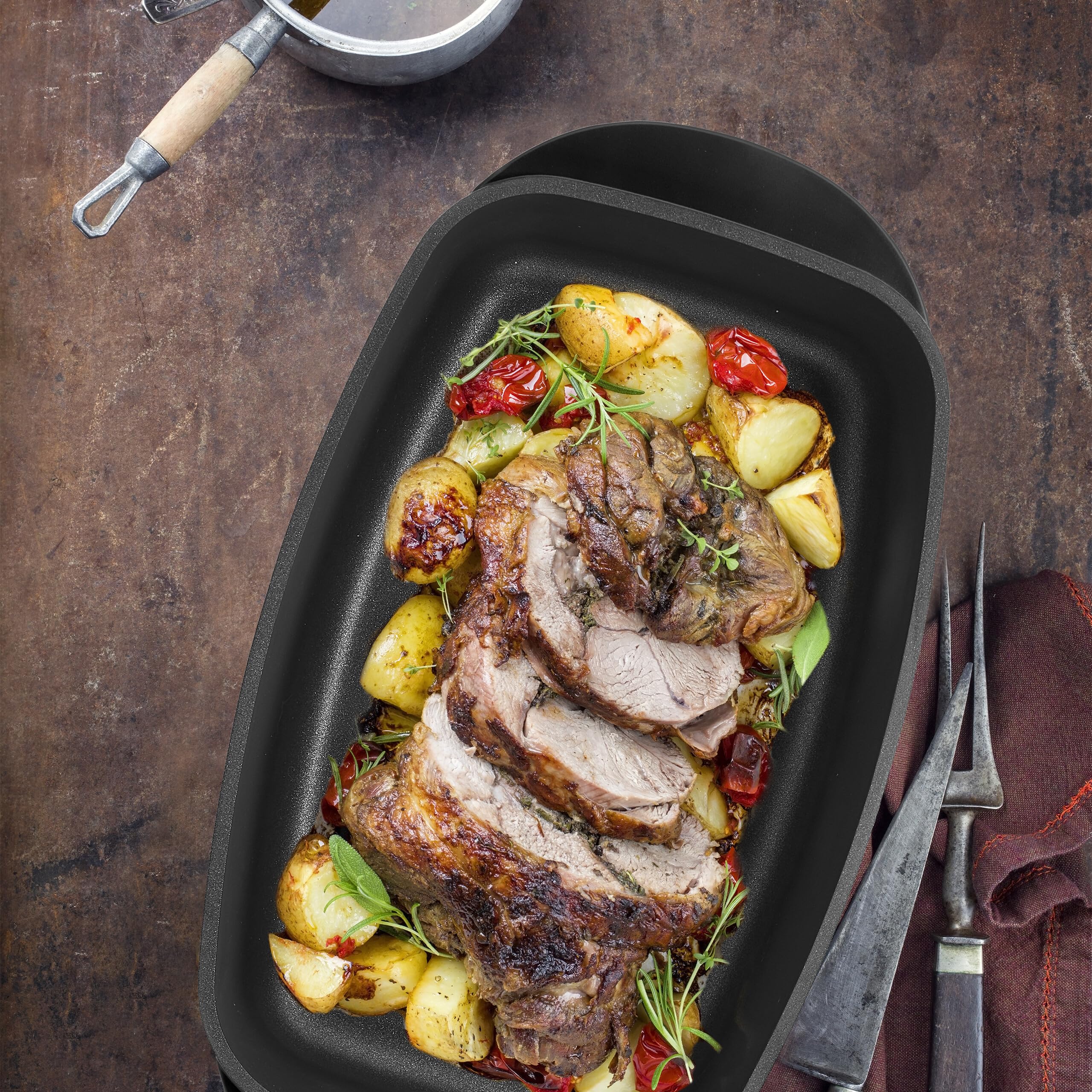 Relaxdays Asador de Horno con Tapa de Cristal, Rustidera 5 L, Olla Antiadherente, para Placa Eléctrica y de Gas, Negro