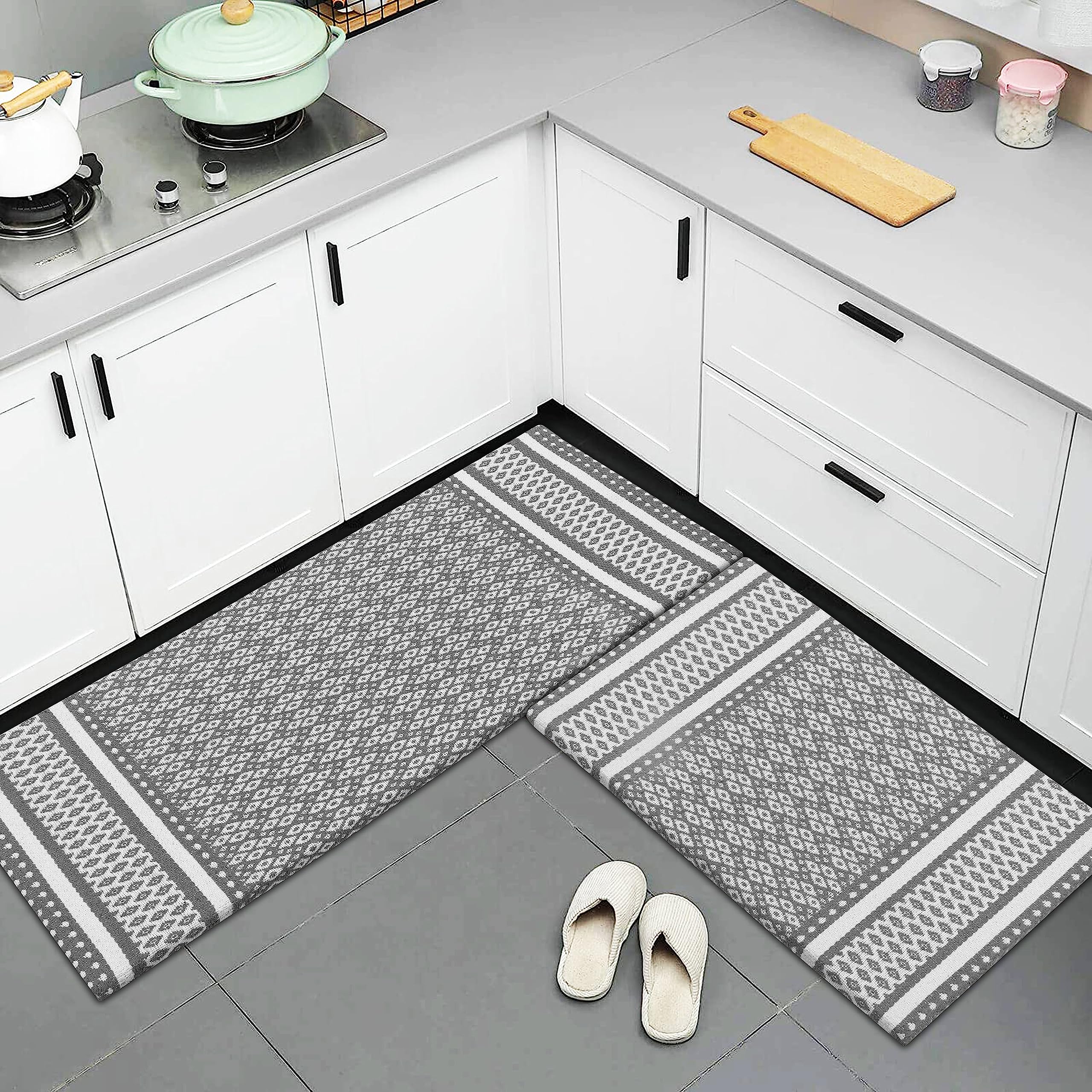 Anti-Fatigue Standing Cushioned Kitchen Bath Mats [Set of 2] - 18''x48'' | 18''x30'' | Comfort and Support for Long Hours | Non-Slip, Water-Resistant Foam (Diamond Gray)