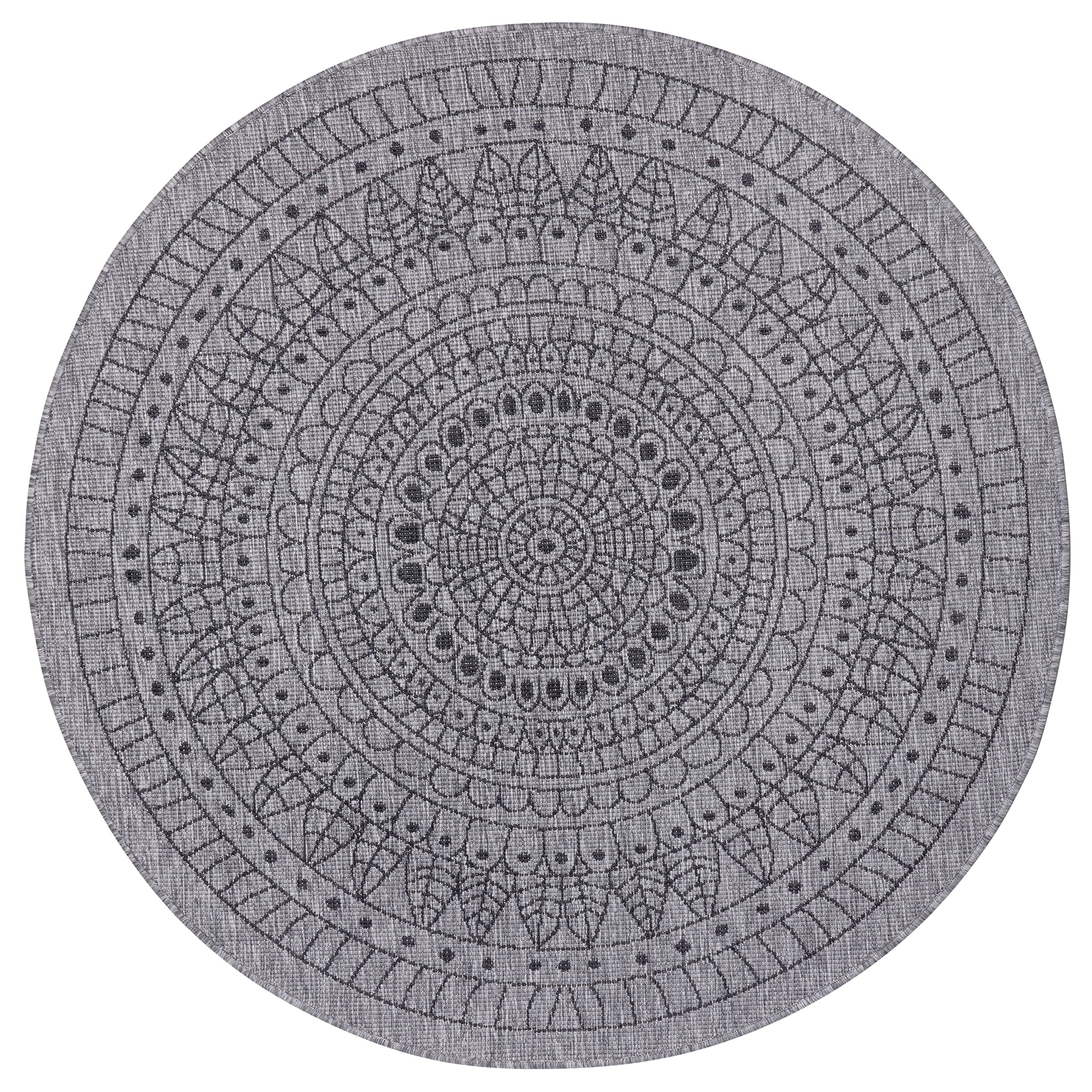 Northrugs Porto Tapis d'intérieur et d'extérieur Rond réversible imperméable Motif Mandala Tissu Plat Résistant aux intempéries pour Balcon, terrasse, Jardin, Salon, Argenté Nuit, diamètre 100 cm