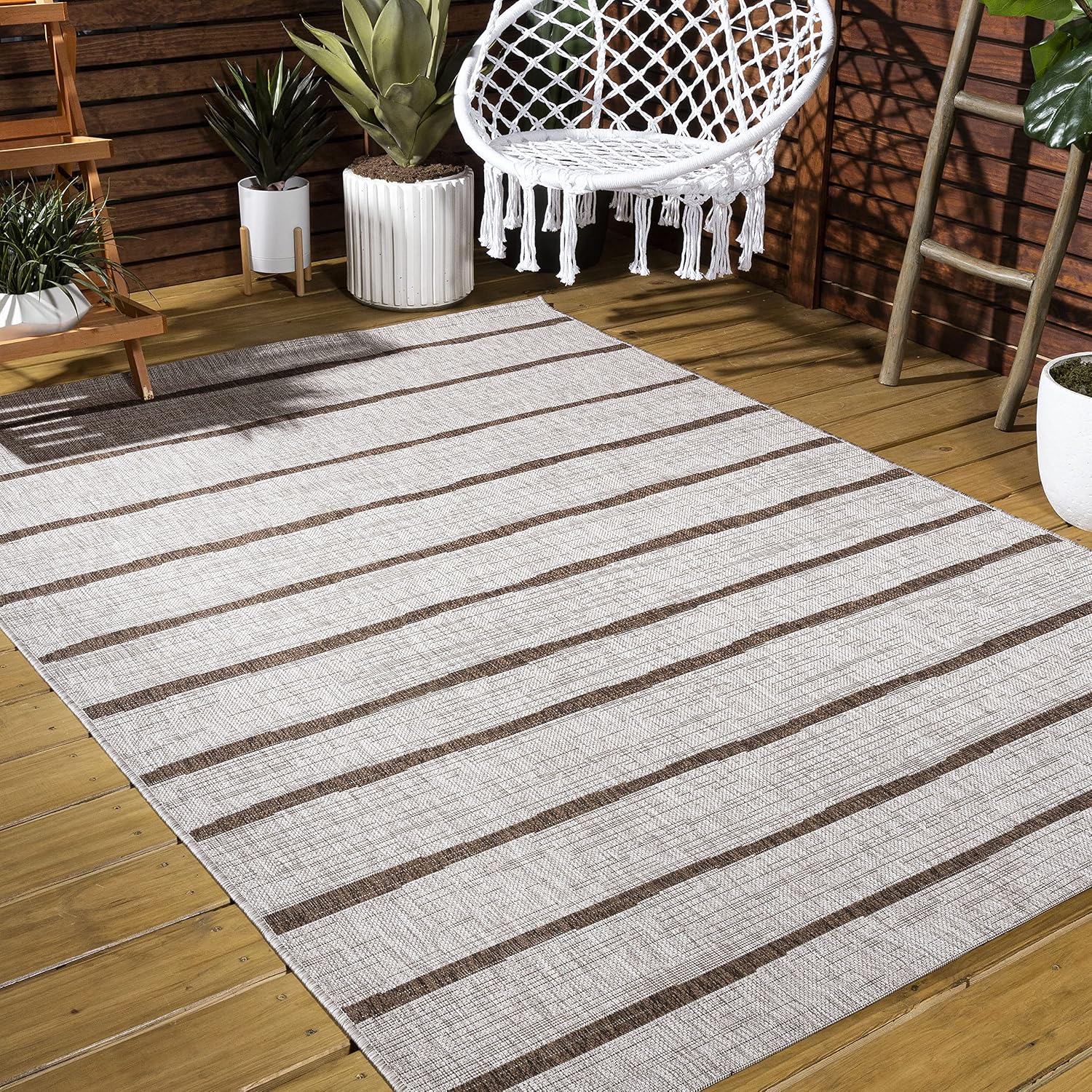 Eyely BMS125A-8 Santa Monica Colonia Berber Stripe Indoor/Outdoor Area Rug Modern;Bohemian;Transitional, Bedroom, Kitchen, Backyard, Patio, Easy-Cleaning, Non-Shedding, 8 X 10, Beige/Brown