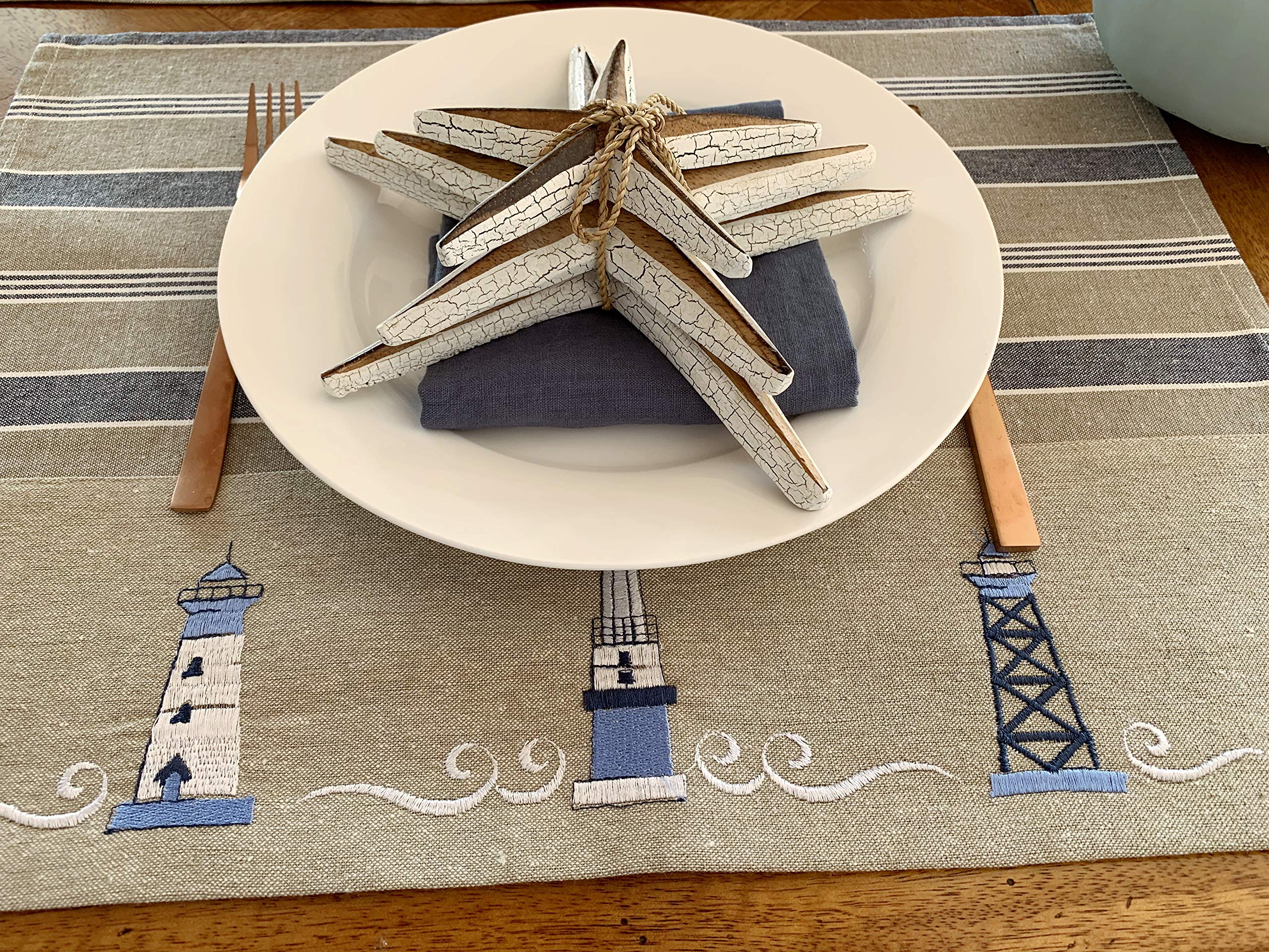 Nautical Placemats – Set of 4 –– Cotton Decorative Embroidered Design - Natural, Navy Blue and White (Lighthouse)