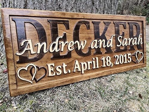 Miniatura 4 de Personalized Wedding Gift Last Name Established Sign Family Name Signs Custom Wood Sign Carved Wooden Sign 3D Hearts 5 Year Anniversary Gift