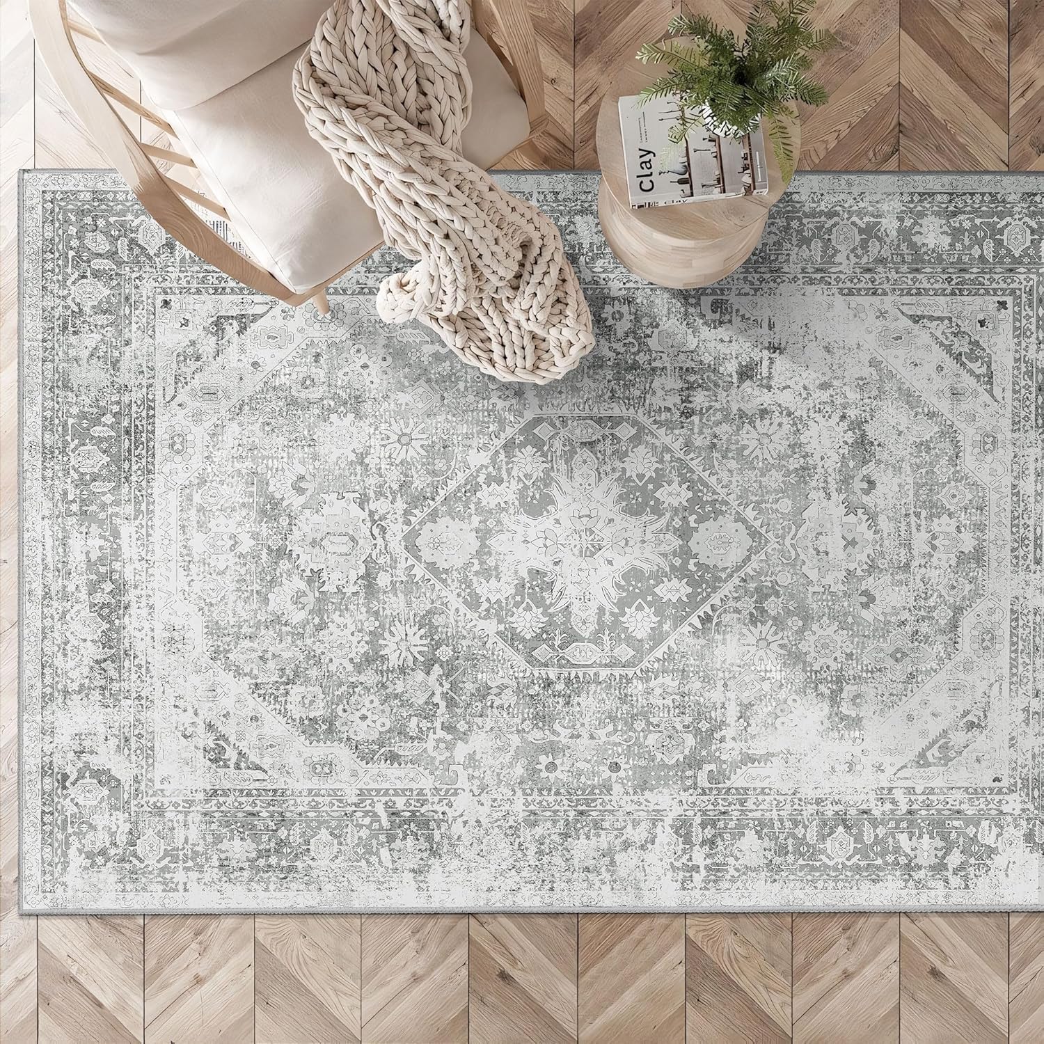 MUJOO Washable Rug 3'x5' Area Rugs for Entryway Bedroom Living Room Bathroom Bedside Boho Small Non Slip Throw Carpet Indoor Soft Grey Floral Home Decor