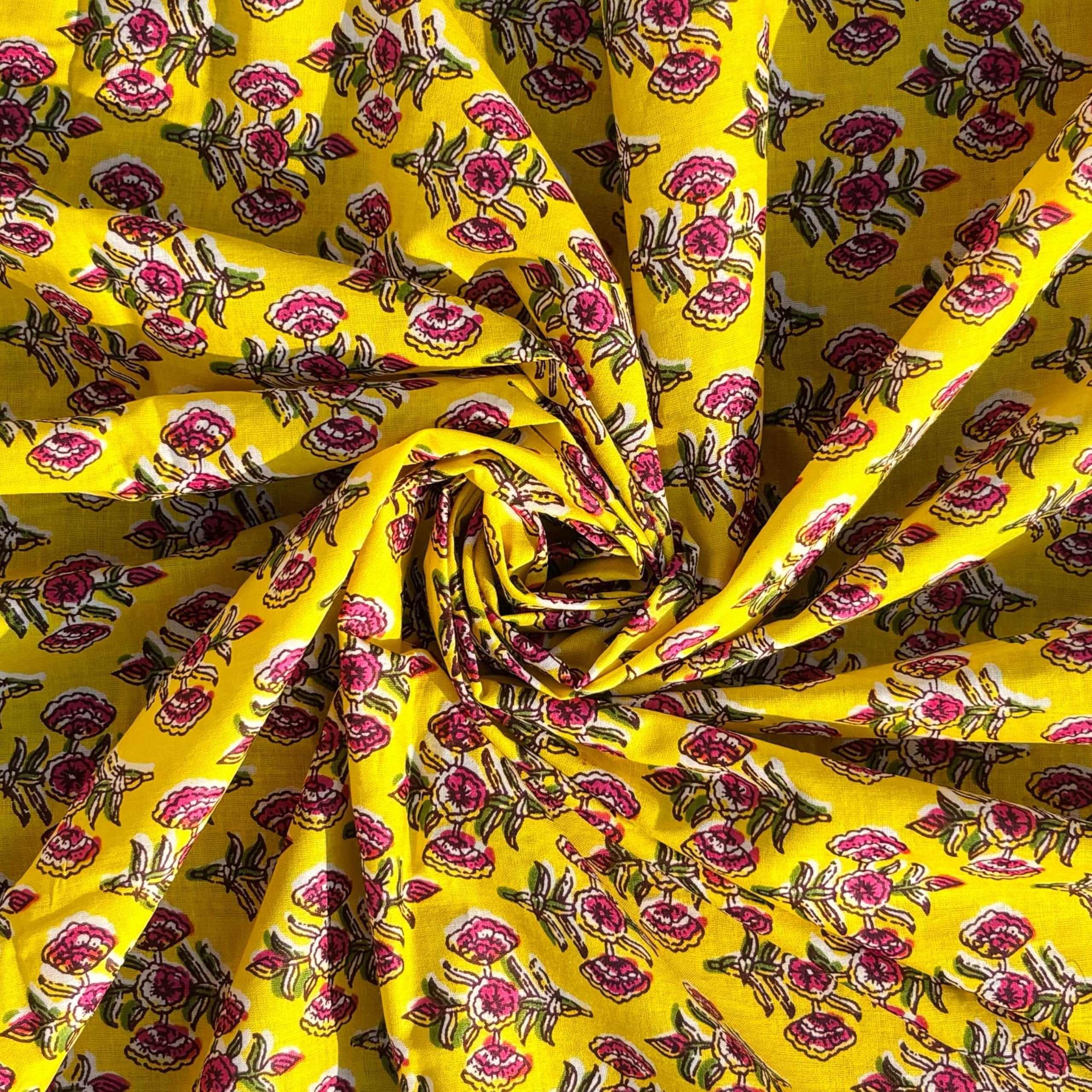 5 Meter Pure Cotton Unstitched Jaipuri Handmade Digital Printed Fabric Material for Women Kurta/Blouse/Palazzos/Piece Material for Women’s (Yellow Flower, 1 M)-image-5