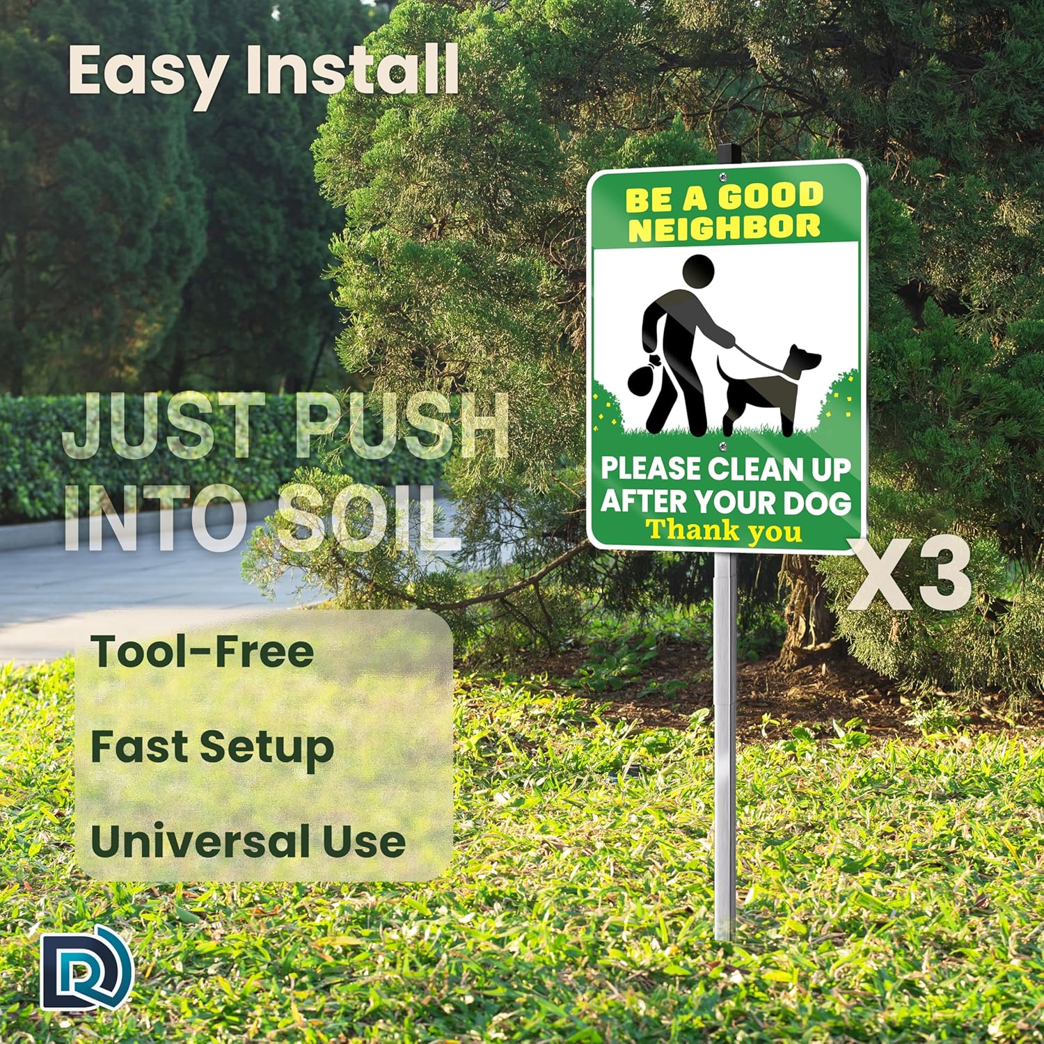 Be a Good Neighbor Clean Up After Your Dog Signs, 10 x 13 Inch Reflective Aluminum Outdoor Yard Signs with 28 Inch Metal Stake, 3 Pack