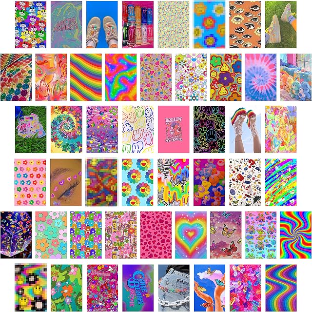 50PCS Indie Kidcore Hippie Aesthetic Picture for Wall Collage, 4x6 inch, Bright Collage Kit, Colorful Room Decor for Girls Boys, Wall Art Prints, Dorm Photo Display, VSCO Posters for Bedroom
