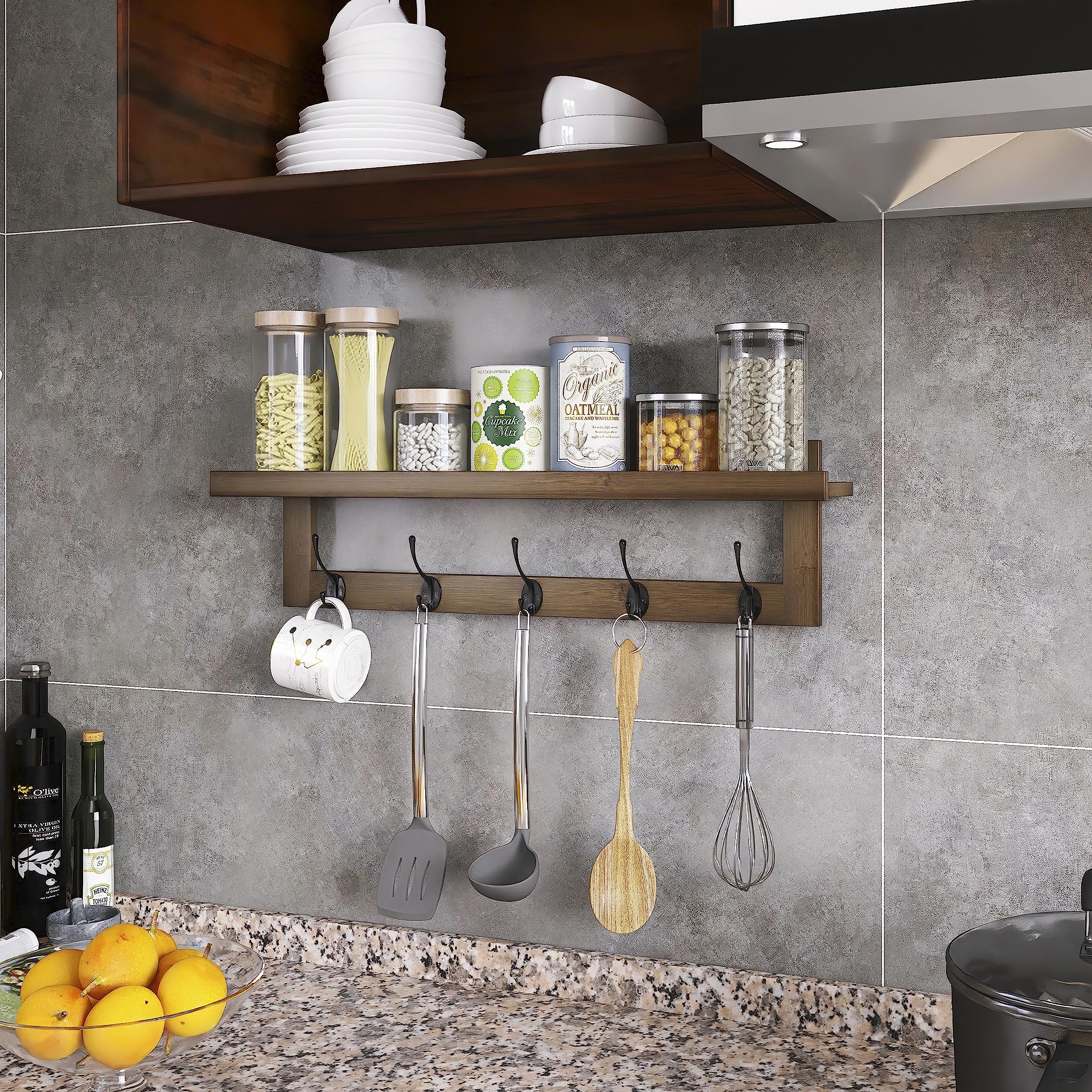 SMIBUY Appendiabiti con mensola a parete, appendiabiti da 74 cm per parete, mensola sospesa in bambù con 5 doppi ganci metallici per bagno, camera da letto, cucina, soggiorno, mudroom (Noce)