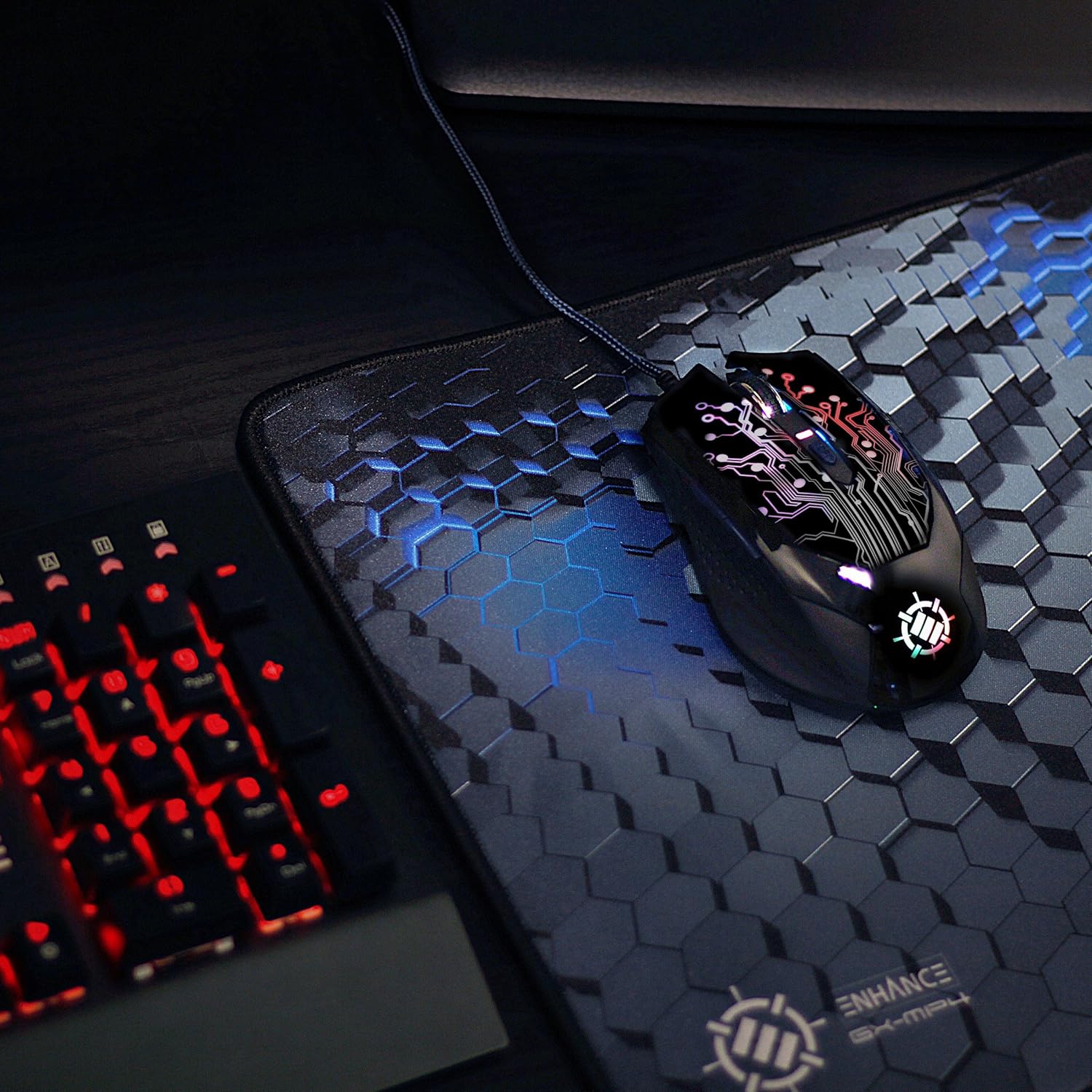 ENHANCE PC Gaming Mouse with 6 Buttons , Adjustable 3500 DPI , Color Changing LED Lighting , Side Thumb Buttons & Braided Nylon Cable - Great for MOBAs, MMOs, and More