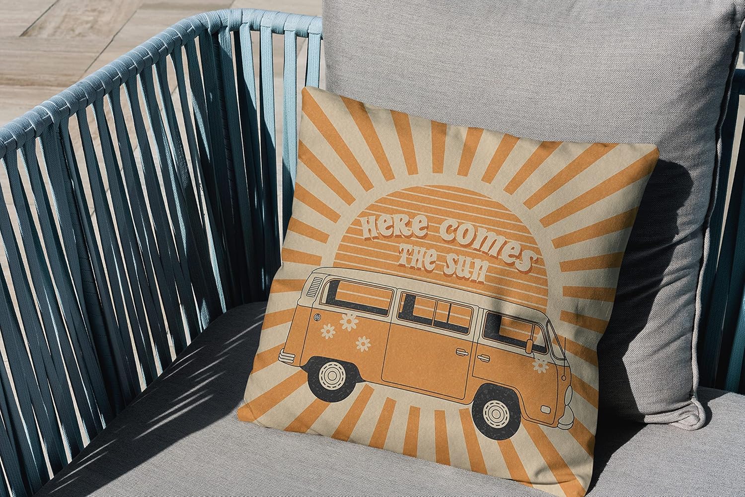 Sun Pillow - Here Comes The Sun Cushion Cover 18x18, Retro Throw Pillows, Hippies Orange Sunshine Decorative Cover for Home - Image 3