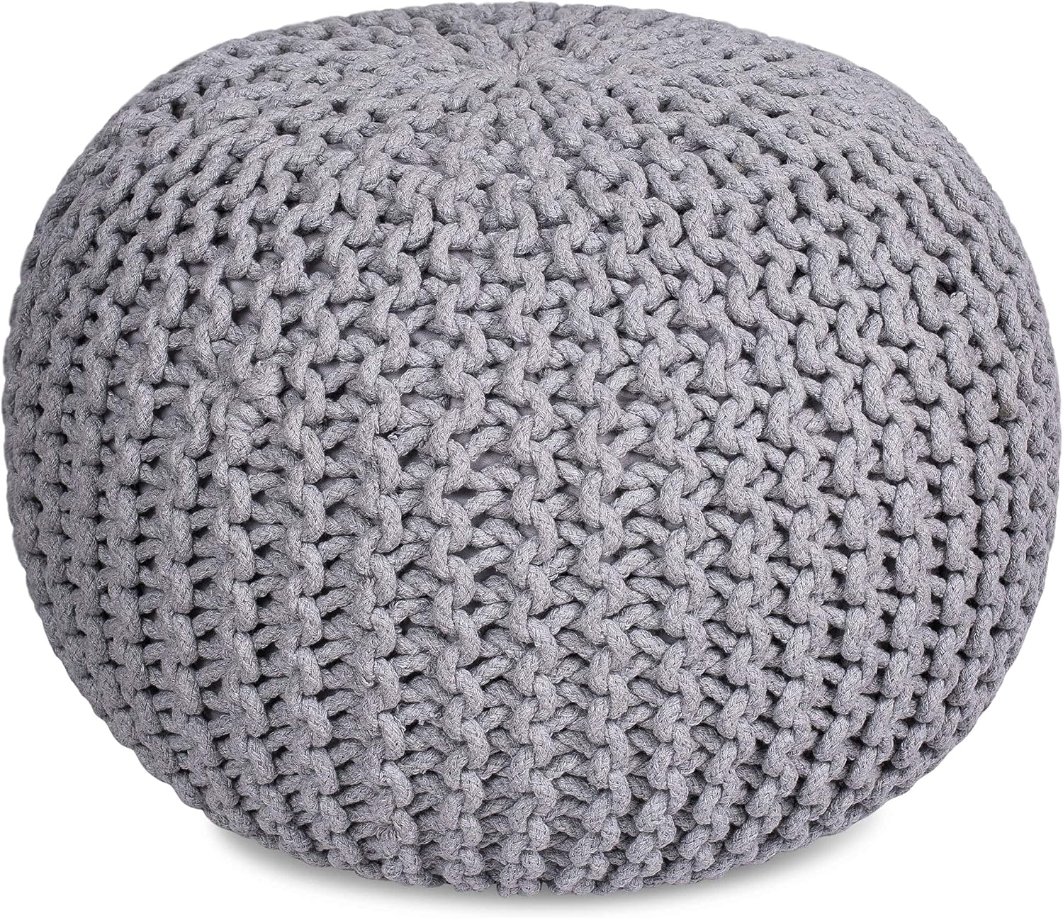 BIRDROCK HOME Round Pouf Foot Stool Ottoman - Knit Bean Bag Floor Chair - Cotton Braided Cord - Great for The Living Room, Bedroom and Kids Room - Small Furniture (Light Grey)