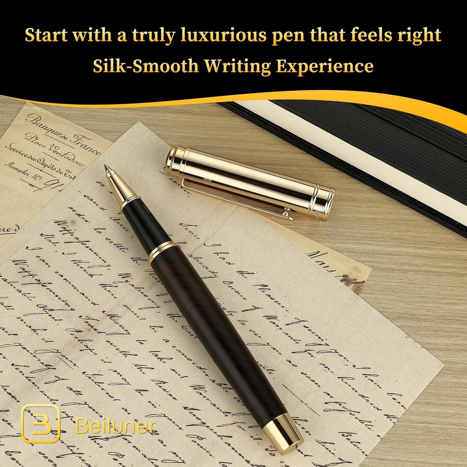BEILUNER Black Sandalwood with 24K Gold Plated Rollerball Pen, Elegant & Luxurious Executive Writing Instrument for Women & Men, Premium Gift Box for Christmas, Birthday and Anniversary - Image 3