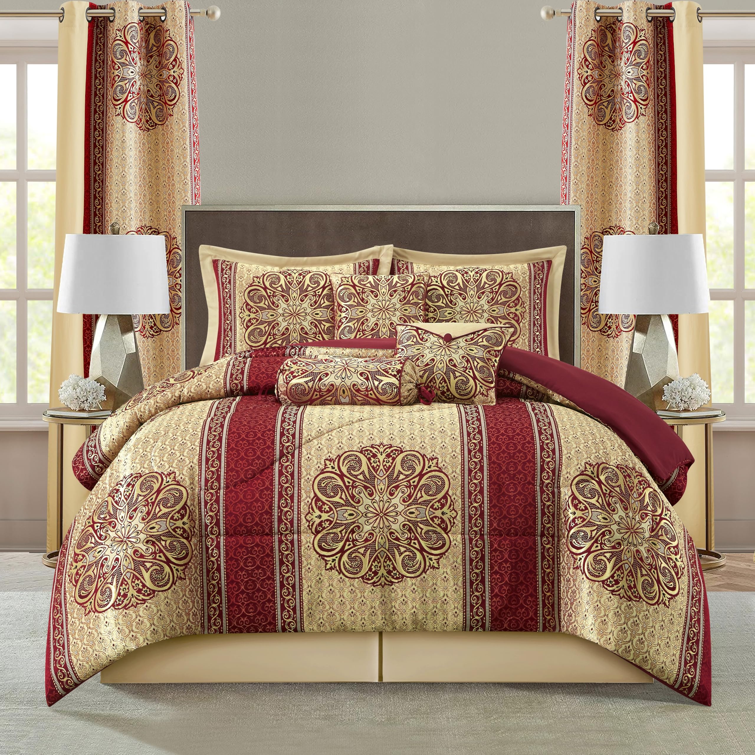 Stratford Park Medallion 9-Piece Red and Gold Comforter Set