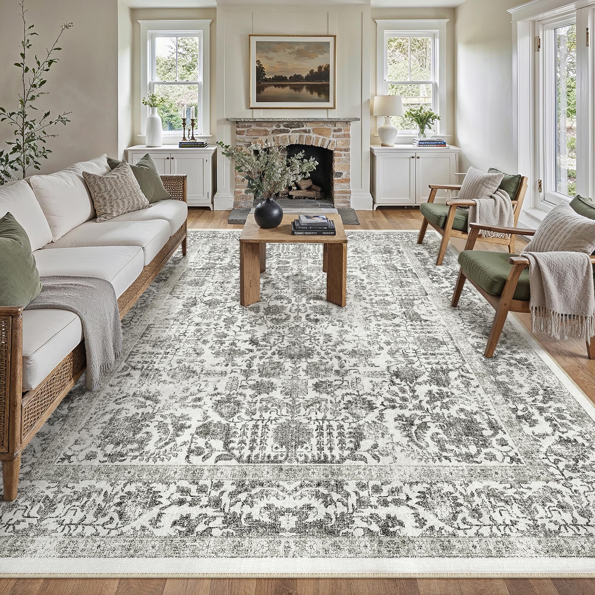 Black Area Rug 10x14 Machine Washable Large Vintage Living Room Distressed Non Slip Carpet Traditional Indoor Bedroom Grey Retro Floral Accent Throw Rug for Office Kitchen Dining Room