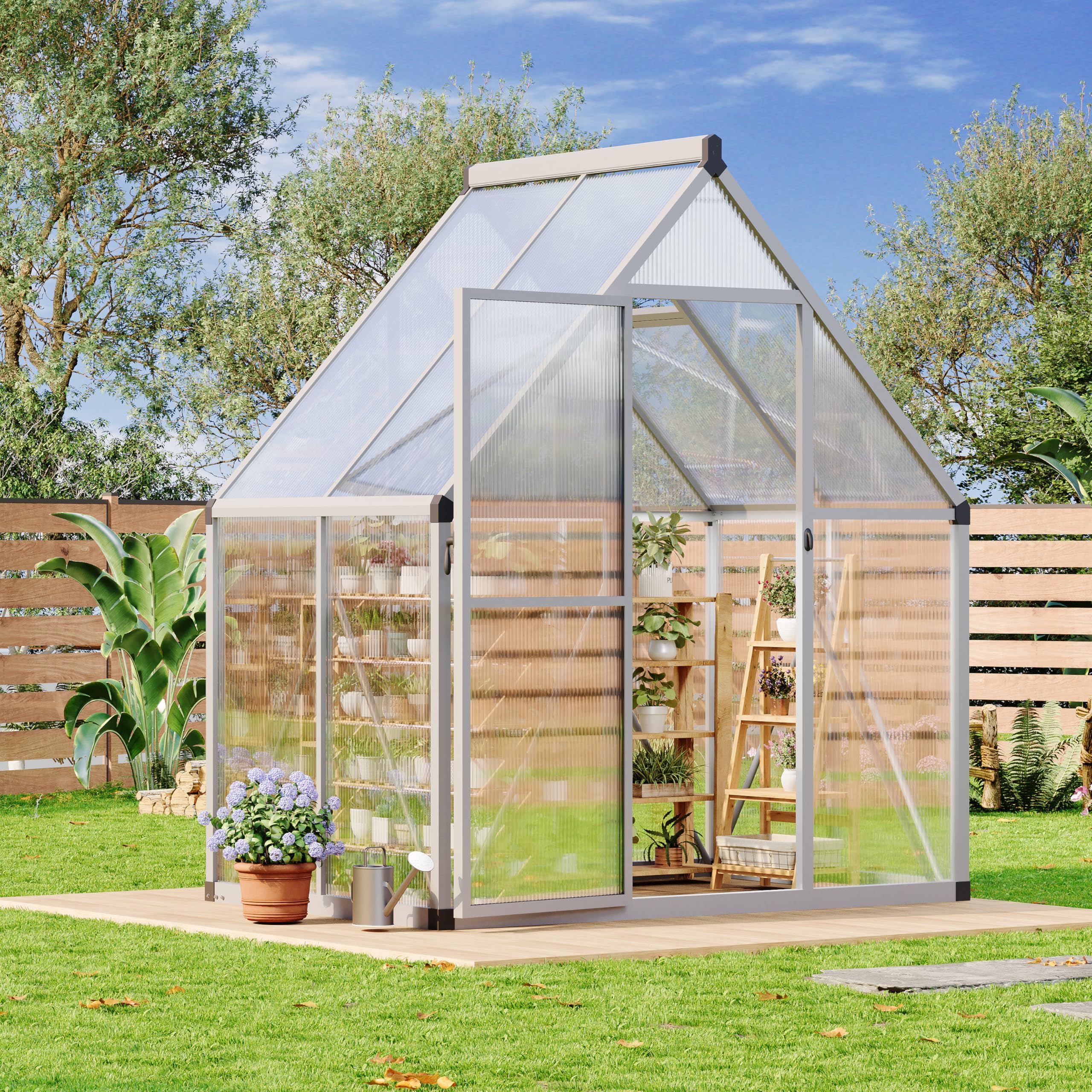 6 x 4 Greenhouse, Polycarbonate Walk-in Greenhouse with Aluminum Frame, Lockable Door and Adjustable Roof Vent, Easy Assembly, Green Houses for Outside Garden Backyard, Patio