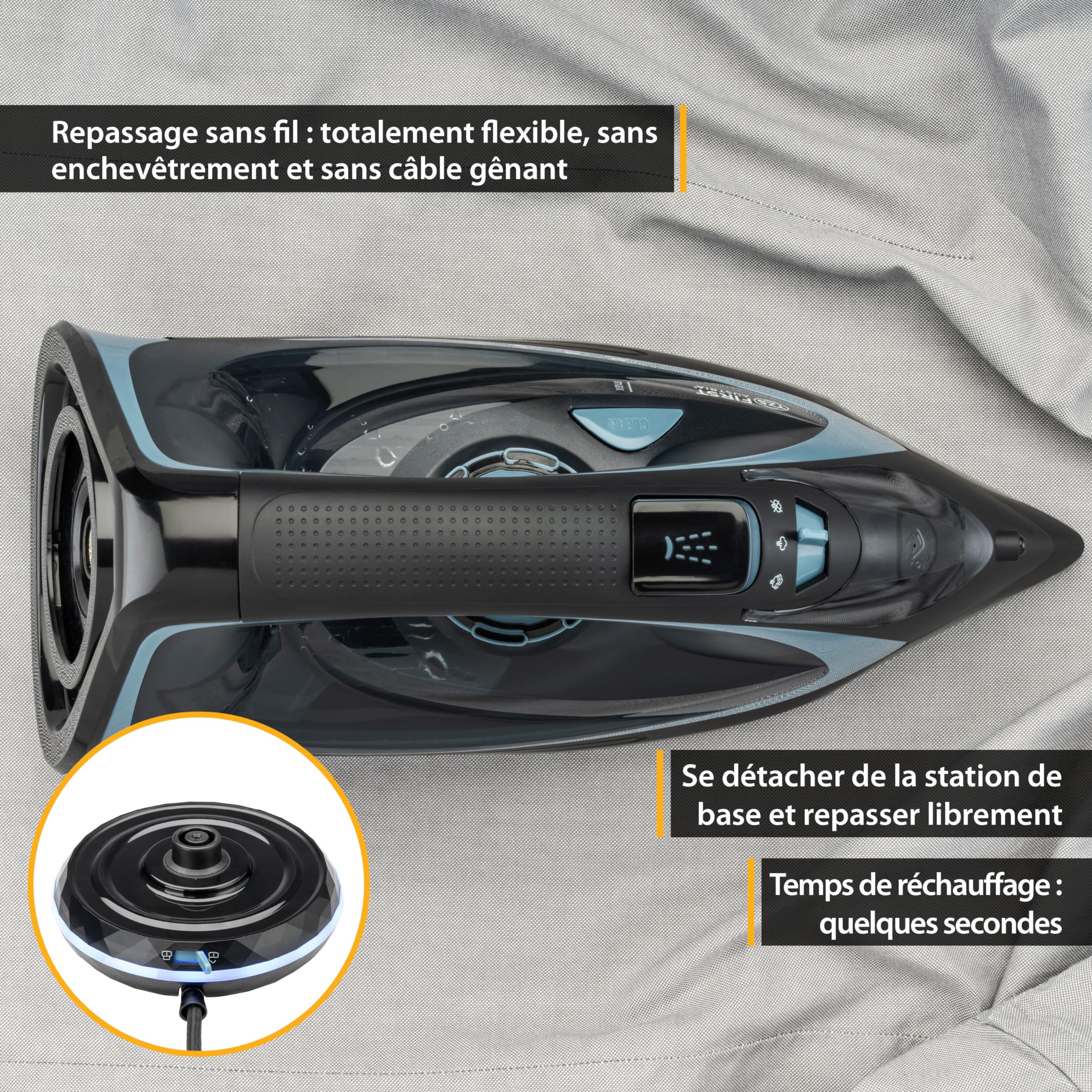 TZS First Austria - Fer à repasser à vapeur sans fil avec station 2400W - Réservoir de 450 ml, système anti-goutte, température et intensité réglables et semelle en céramique - Avec vapeur verticale