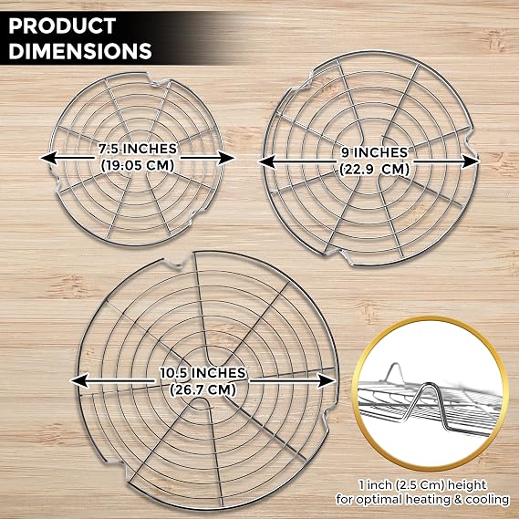KITCHENATICS 3 Pack Stainless Steel Cake Rack 7.5, 9 & 10.5 Inch Cooling Rack Cake Rack Pot Wire Rack for Round Cake Pans, Air Fryer, Instapot, Steamer - Oven & Dishwasher Safe