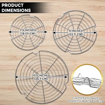 KITCHENATICS 3 Pack Stainless Steel Cake Rack 7.5, 9 & 10.5 Inch Cooling Rack Cake Rack Pot Wire Rack for Round Cake Pans, Air Fryer, Instapot, Steamer - Oven & Dishwasher Safe