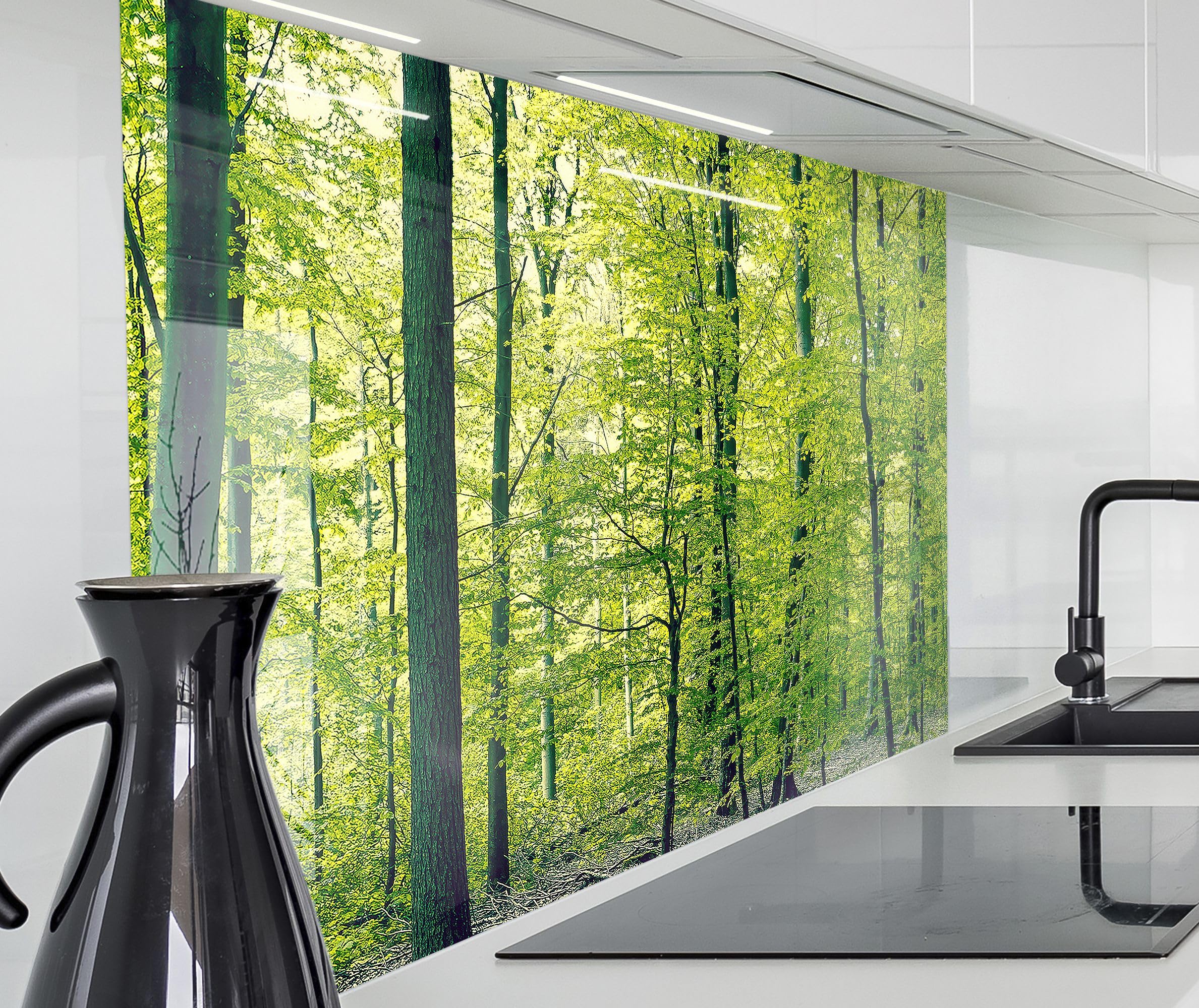 timalo Küchenrückwand Glasoptik | 120 x 80 cm Wald grüne Bäume, Natur Landschaft | Acryl Glas 2mm | Spritzschutz Wand für Herd, Küche Glasrückwand Acrylglas Wandpaneele Rückwandschutz Platte