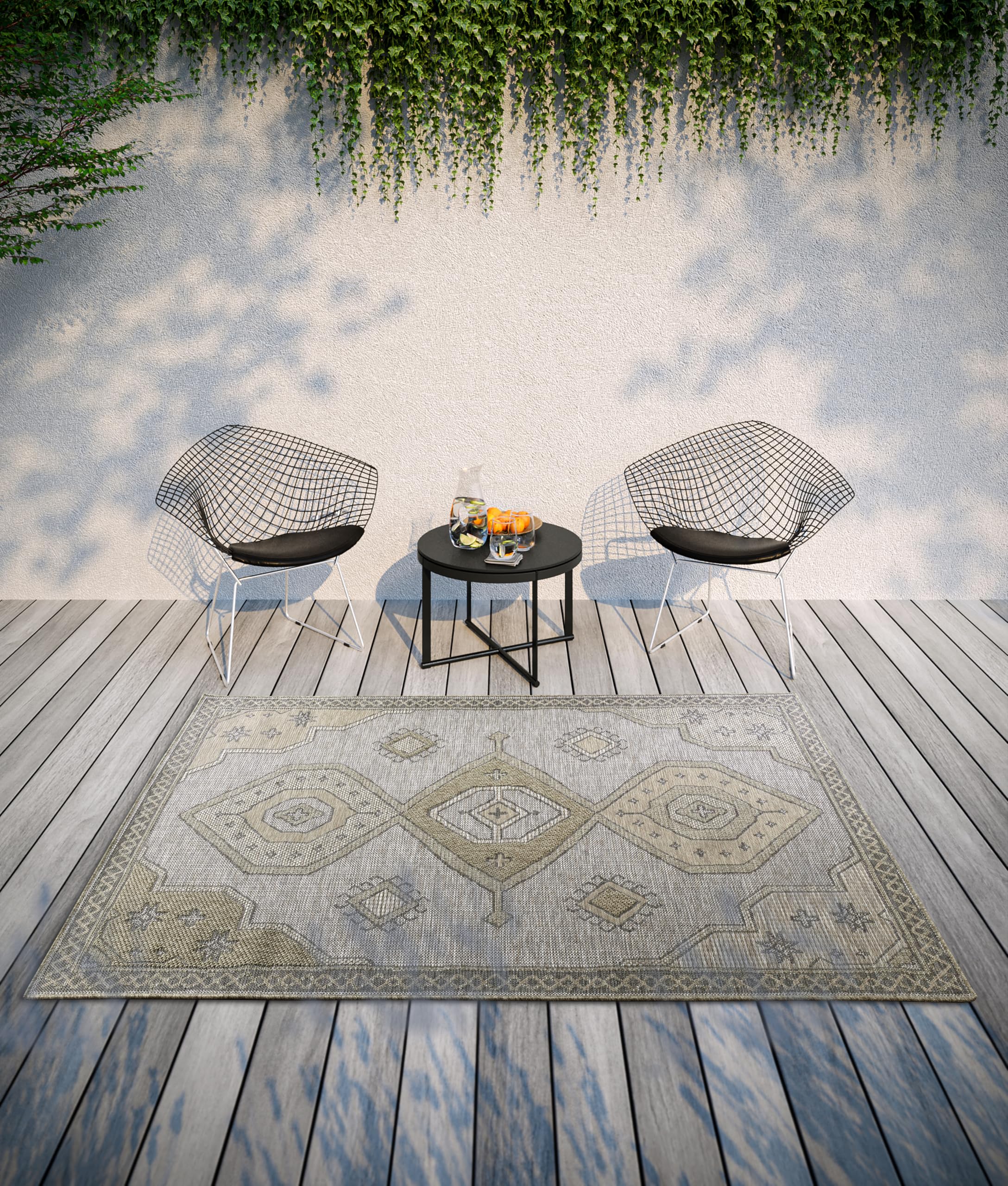 Villeroy & Boch Robert Tappeto moderno per interni ed esterni, in tessuto piatto, boho, etnico, ecologico, resistente alle intemperie e ai raggi UV, per balcone, terrazza, giardino, marrone naturale,