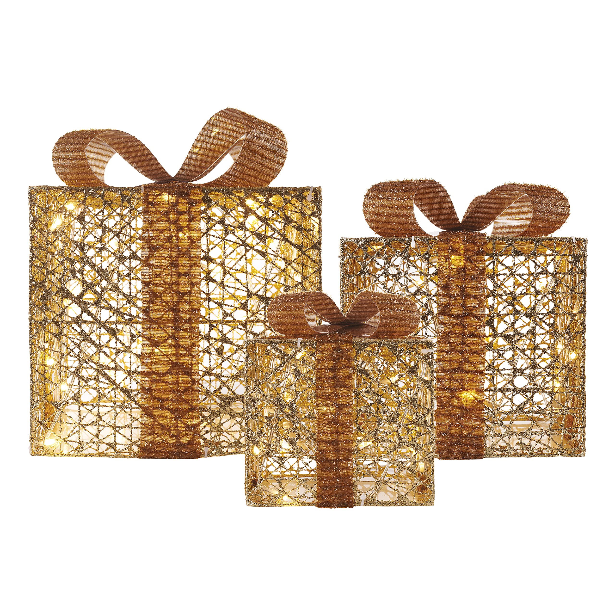 EMOS Goldene LED Weihnachtsgeschenke mit breitem Schleifenband und dekorativer Schleife, 3 Stk Weihnachtsdekoration, Warmweiß, 3m Kabel, IP20 für Innenbereich, Gold
