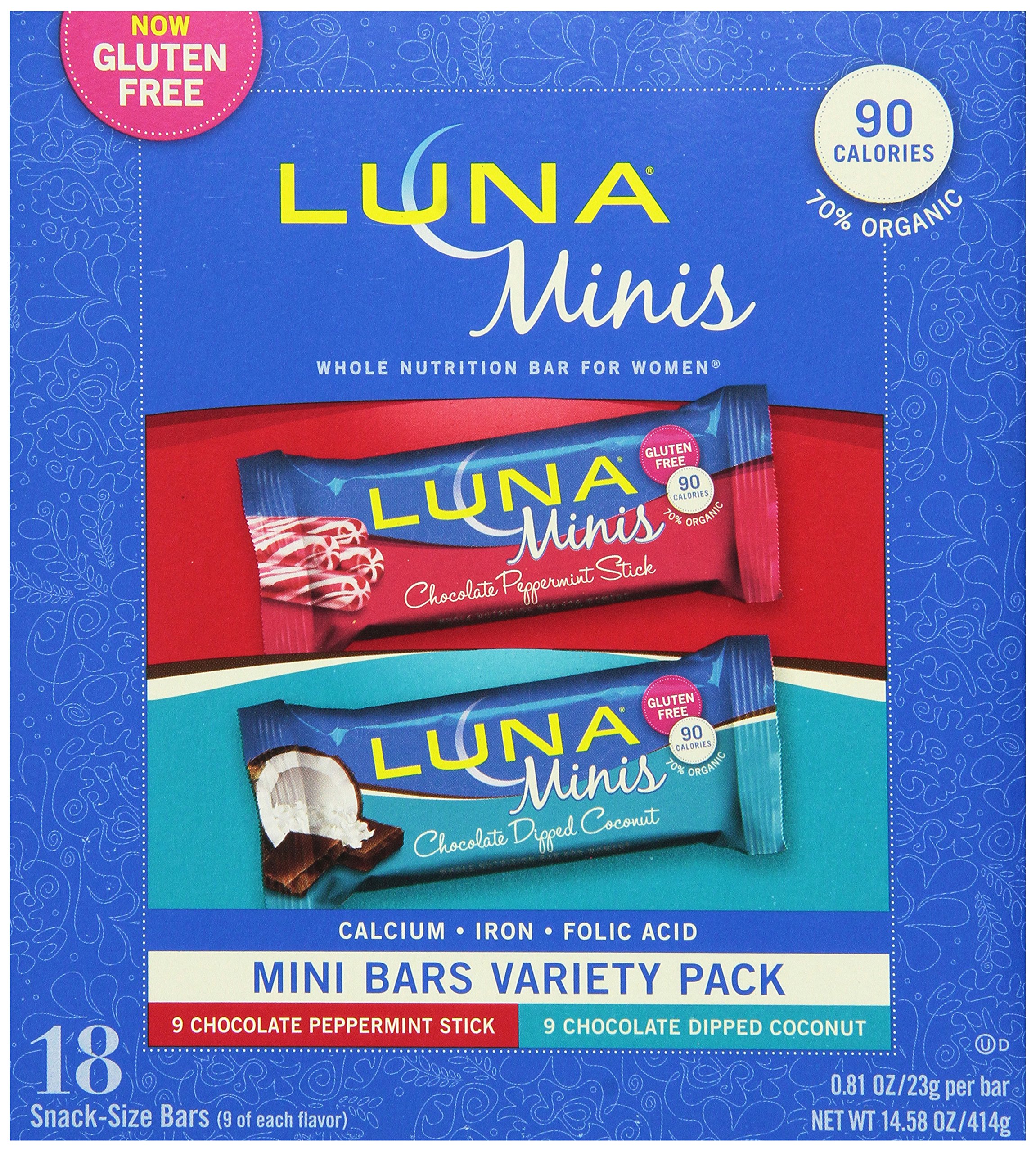 LUNA BAR - Gluten Free Mini Bar - Chocolate Peppermint Stick and Chocolate Dipped Coconut - (0.81 oz, 18 Count)