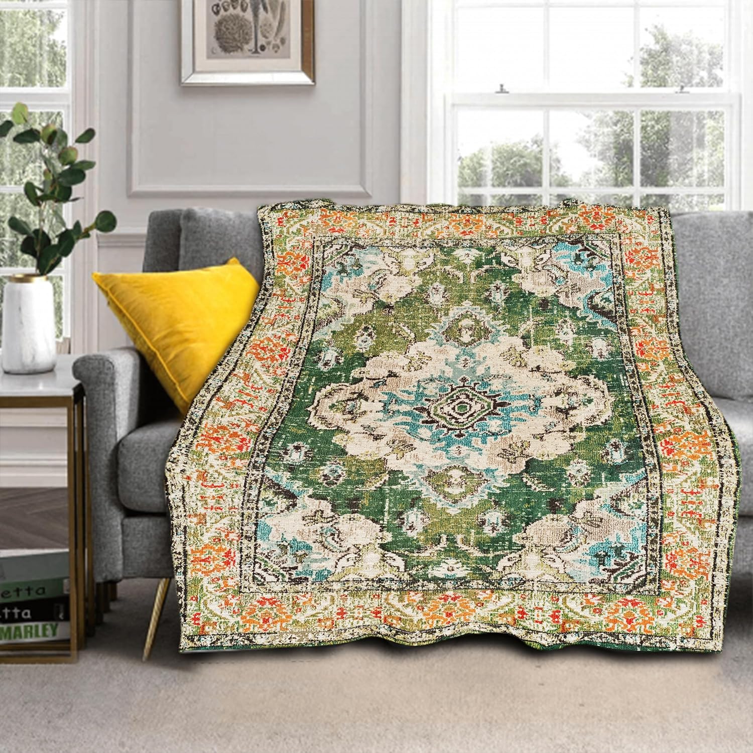 Vintage Rug Blanket Soft Flannel Lightweight Green Orange