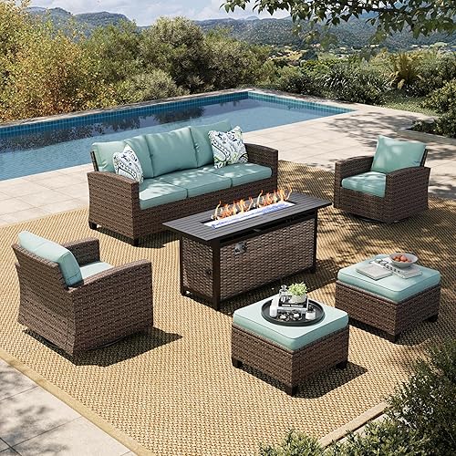 HERA'S HOUSE Swivel Glider Patio Furniture Set with Fire Pit Table, 6 Pieces Outdoor Seating Furniture Wicker Conversation Sets for Deck Backyard Lawn, Blue