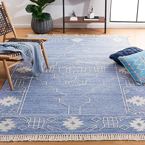 SAFAVIEH Area Rug 8x10 - Kilim Collection - Large - Blue & Ivory, Flat Weave, Rustic Boho Tribal Design, Ideal for Living Room, Bedroom, Office, Dining Space (KLM763M)