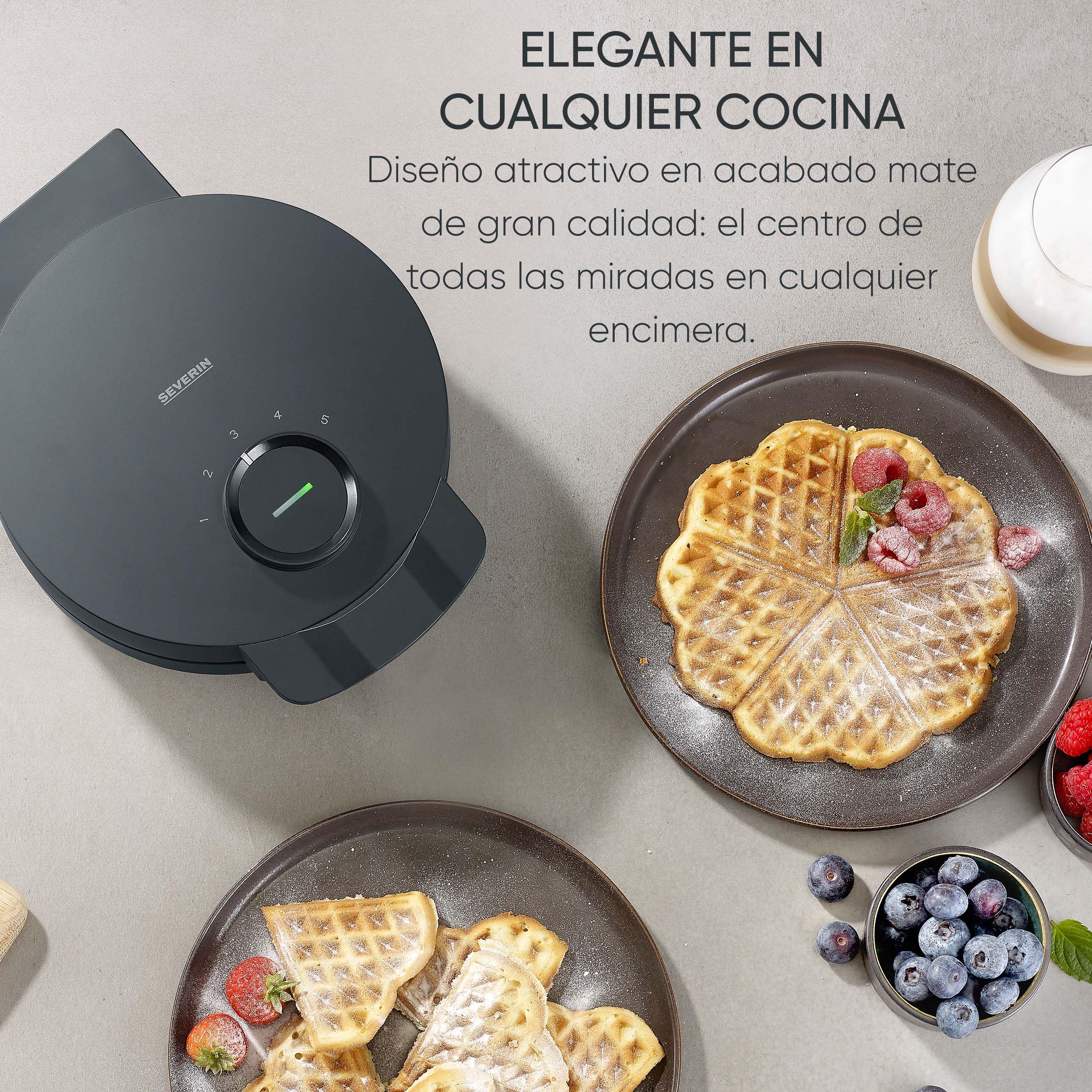SEVERIN Gofrera Black Line, gofres con forma de corazón, revestimiento libre de PFAS, luz indicadora, práctico enrollador para el cable, 1000 W, negro/acero inoxidable, WA 2117