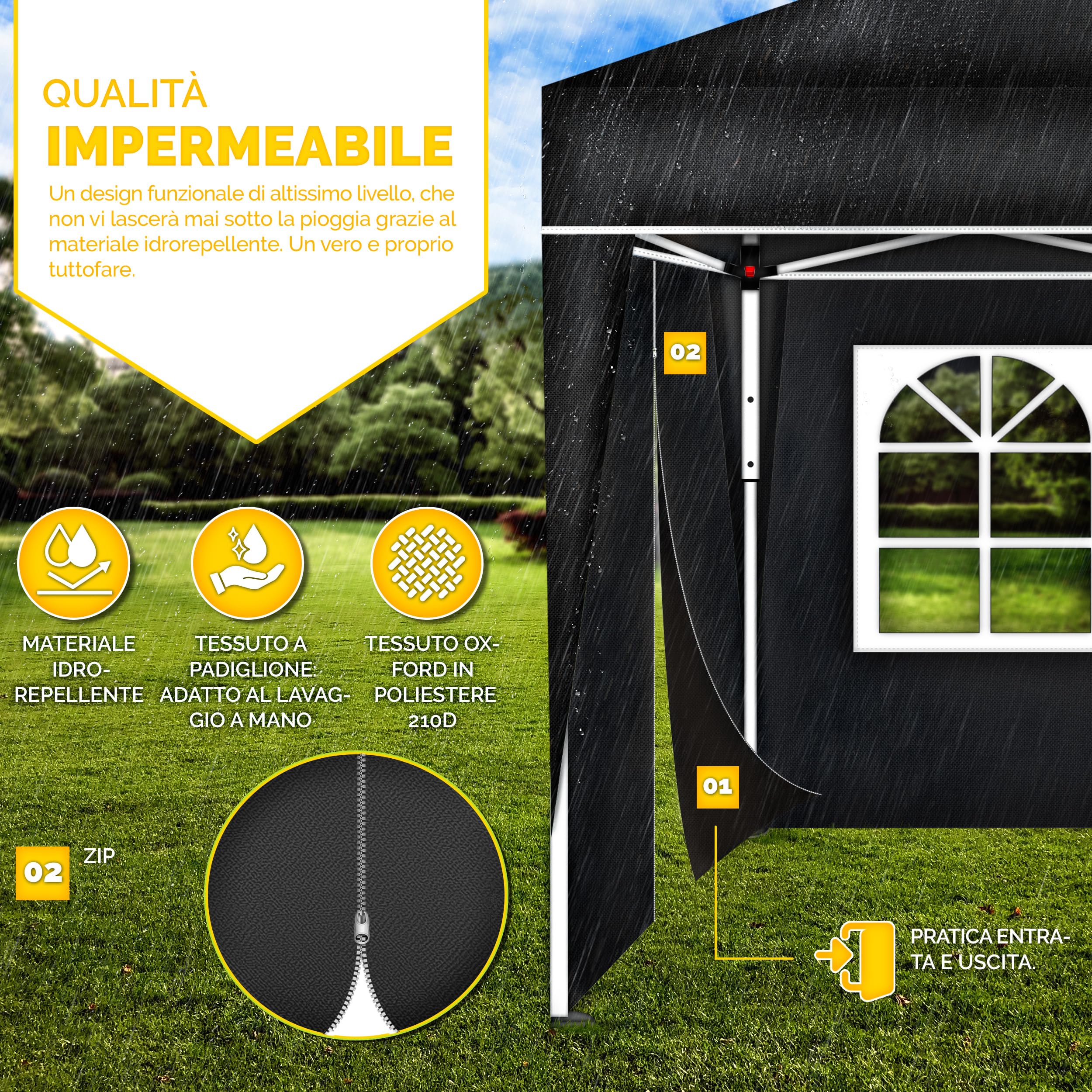 tillvex Gazebo 3x6m da Giardino | Gazebo pieghevole regolabile in altezza | Tenda Pop up impermeabile da protezione UV 50+ | Tenda Padiglione + Sacca di Trasporto (Nero - con 3 pannelli laterali)