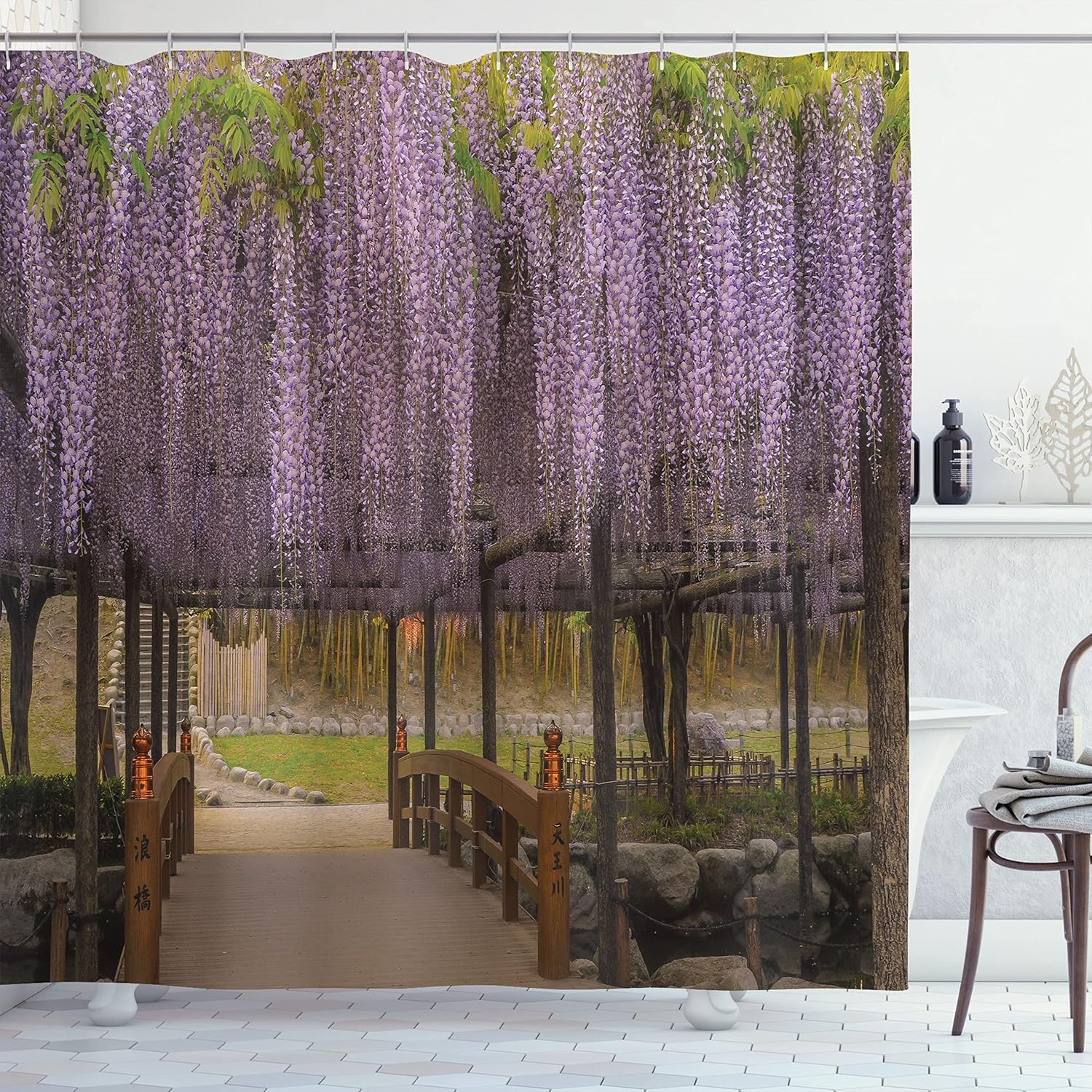 Ambesonne Japanese Shower Curtain, Lilac Flowers Hanging Down from The Terrace Top to The Bottom a Field of Paradise Scenery, Cloth Fabric Bathroom Decor Set with Hooks, 69" W x 84" L, Purple Brown