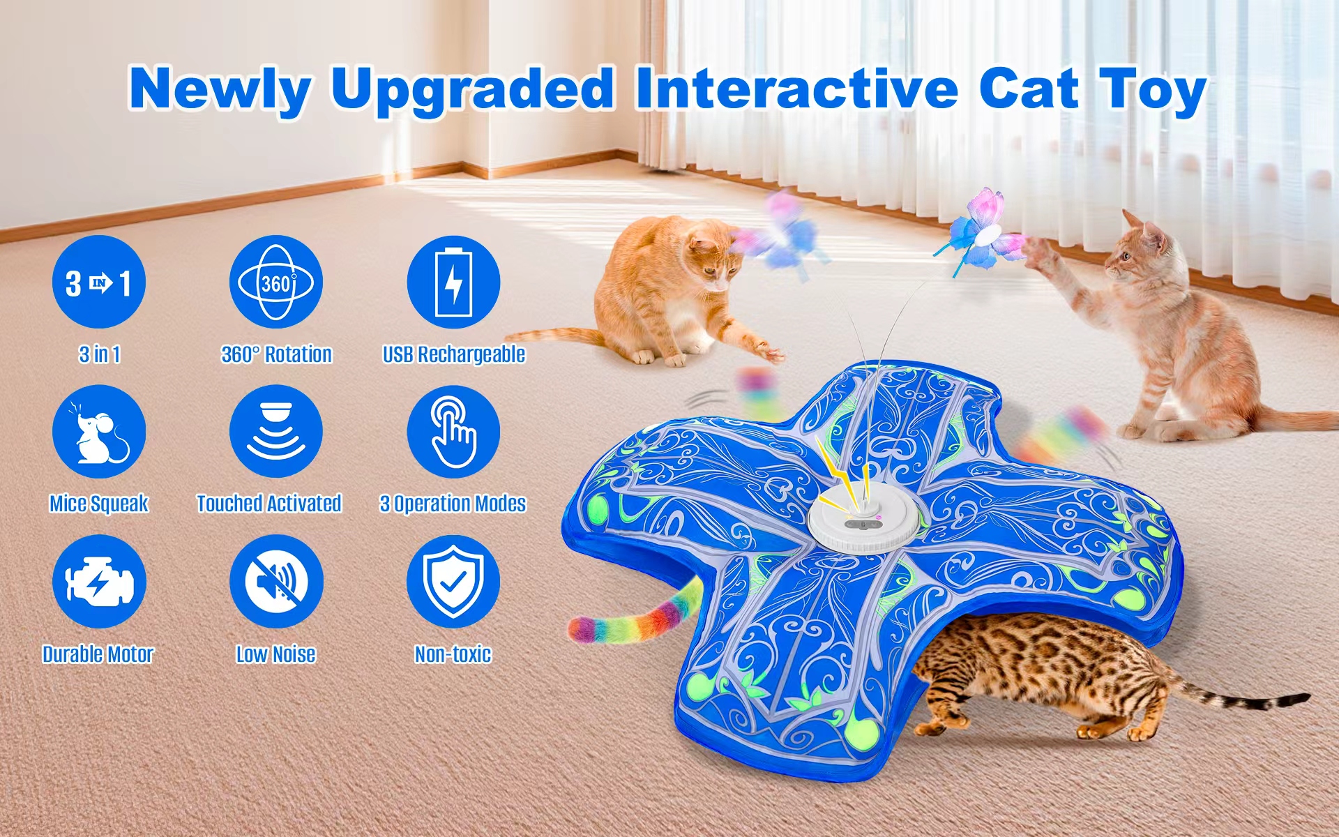 Interactive Cat Toys for Indoor Cats,[Newly Upgraded] Rechargeable Touch Activated Hide and Seek Kitten Toys for Bored Indoor Adult Cats with Fluttering (Blue) - image 7