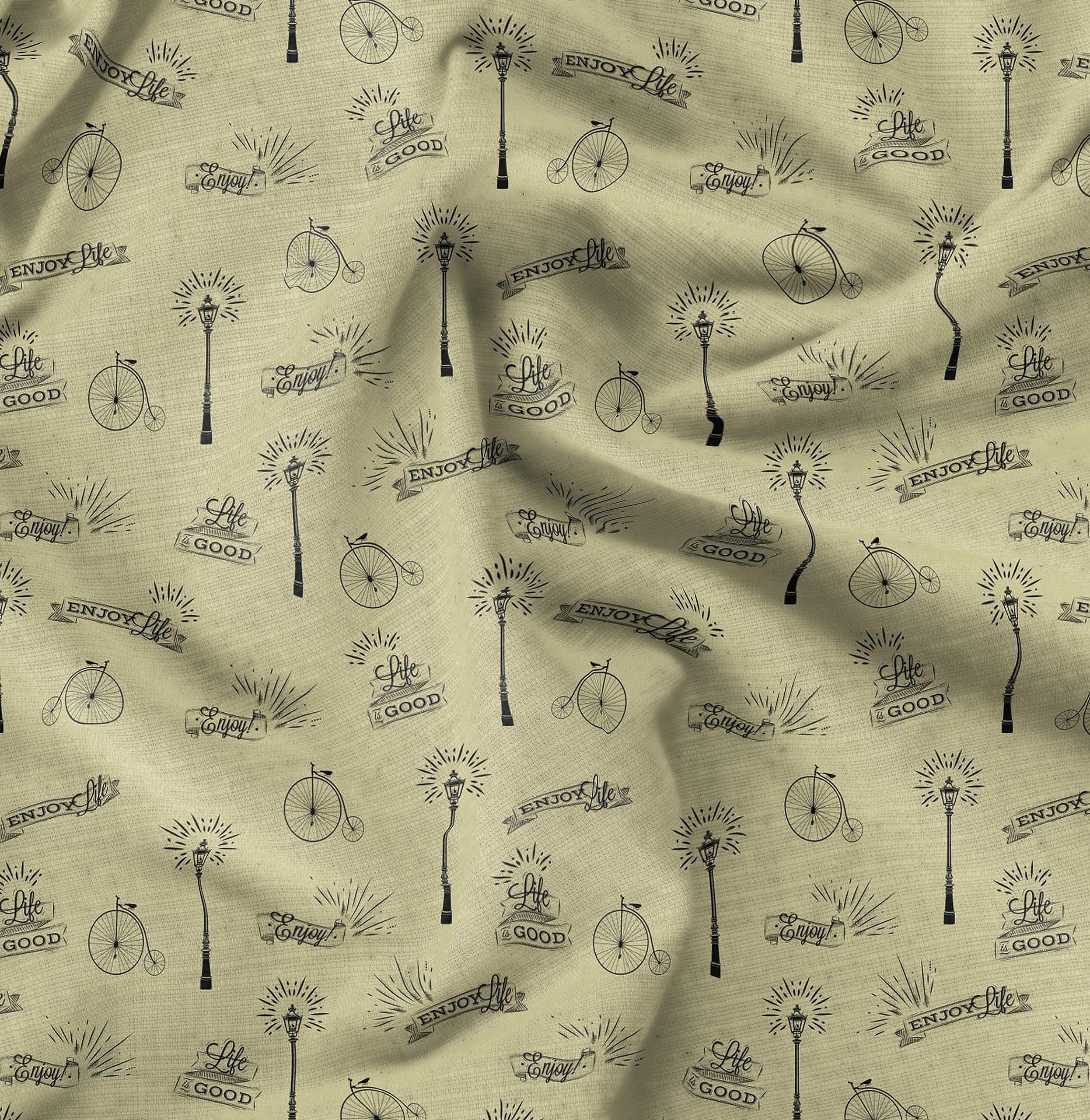 Soimoi Beige Cotton Jersey Fabric street lamp & Vintage Cycle Text Printed Craft Fabric by the metre 58 Inch Wide