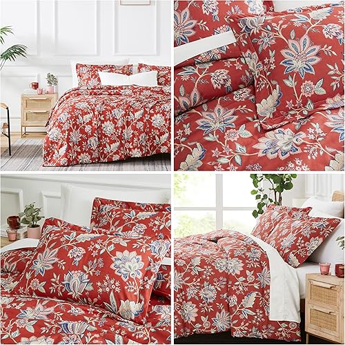 Miniatura 4 de Southshore Fine Living, Inc. Jacobean Willow Collection - Juego de funda de edredón tamaño individual, funda de edredón floral roja de 2 piezas con