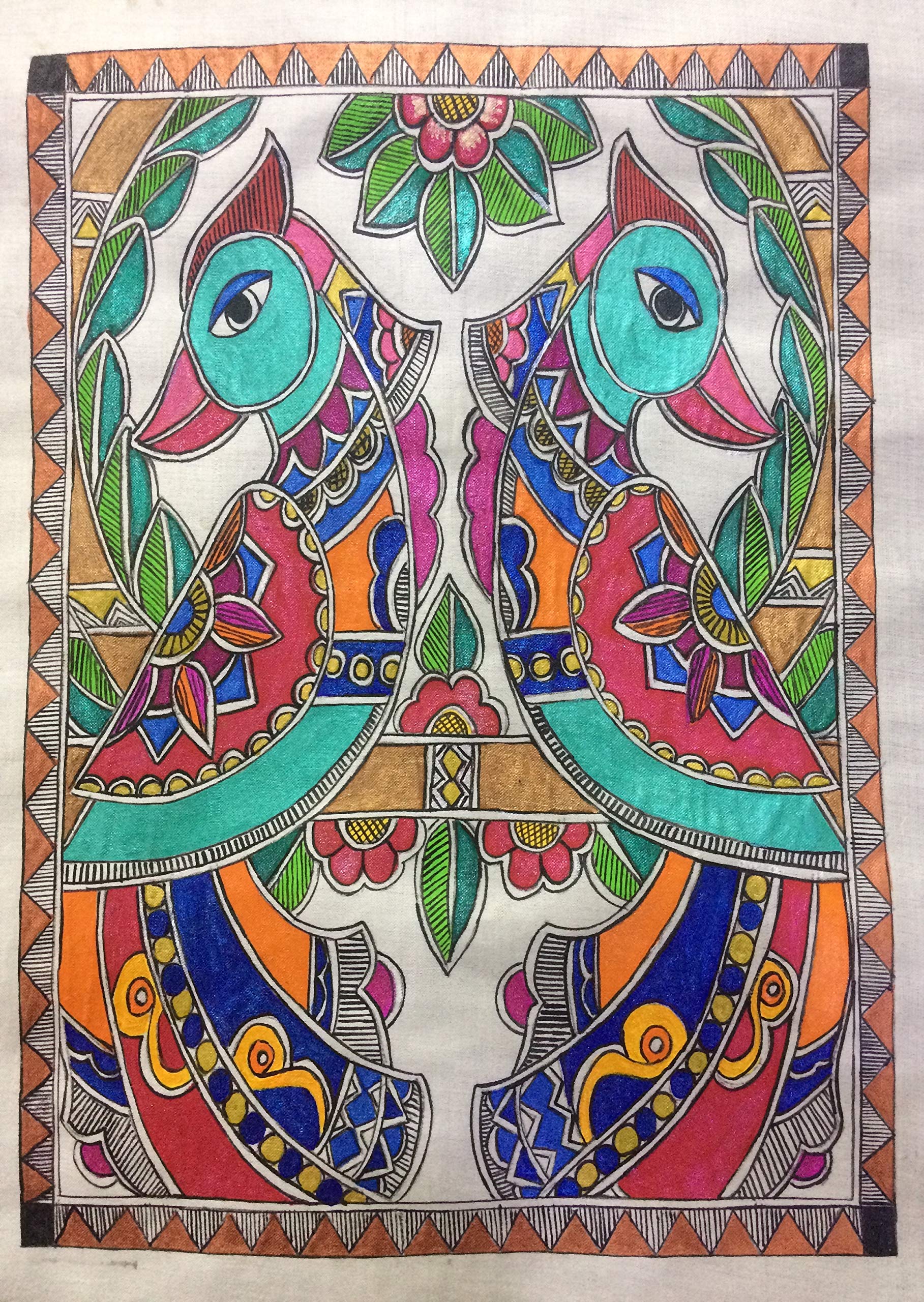Peinture sur soie Mithila Madhubani art mural arbre oiseaux 28 x 17,8 cm
