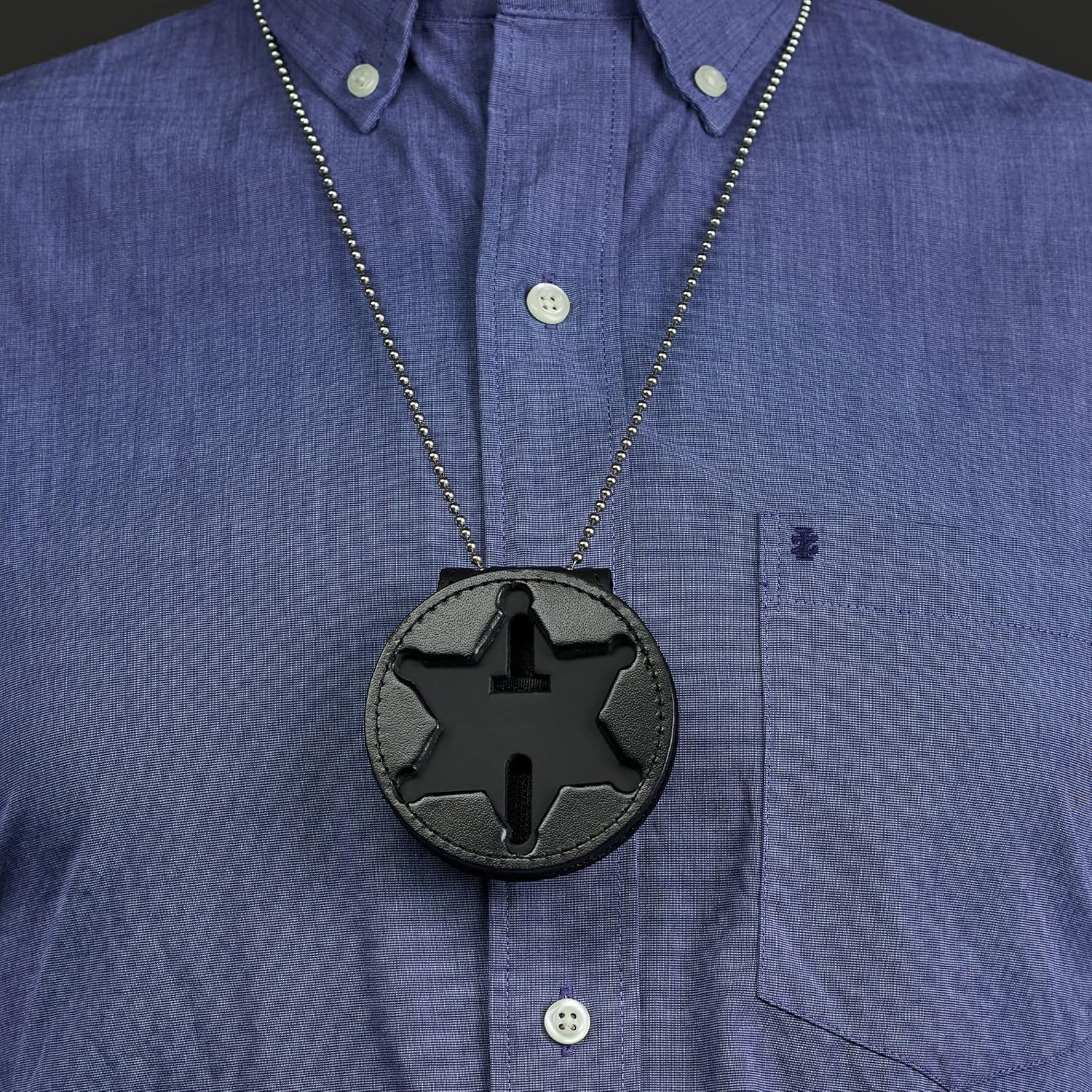 Perfect Fit Badge Holder 6 Point Star NY County Sheriff Badge Belt Clip and Neck Chain Black Leather (Cutout 46)